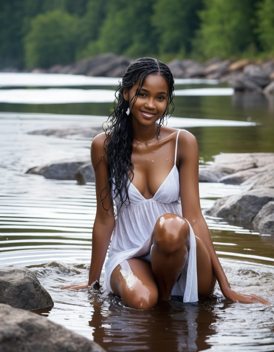 photo of young woman, in soaking wet, drenched clothes,
white strappy high heel wedge sandals, soaked, soaked white stockings, glistening wet, dripping with water, soaked clingy very tight-fitting short transparent white summer dress, glistening wet, dripping with water, showing cleavage, showing nipples, clear lake in the sun, 
enjoying, wet clothes stuck to body,
detailed textures of the wet clothes, wet face, wet plastered hair,
wet, drenched, professional, high-quality details, full body view.
sharp focus, ultra-high pixel detail, realistic, high-quality, full colors, incredibly detailed, 4k, 8k, 16k, hyper-realistic, RAW photo, masterpiece, ultra-detailed, professionally color graded, professional photograph, very slim, flat belly, petite ebony teen, skin the color of milk chocolate, firm a-cup breasts with hard nipples,  very long black hair, sultry black eyes, smiling timidly, sitting on a large granite rock, smoothing the dress
