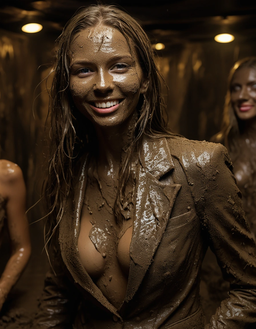photo of young woman, in soaking wet, drenched clothes,
, Long very muddy suit pants, Full muddy ruined fully-opened blazer like a fancy uniform over topless with super sexy large cleavage and fully exposed small boobs with perky nipples., Dark muddy indoor disco club at night. Deep mud in the pool, mud splashed walls, dripping mud from above, very dark mood lighting with pink and blue neon lights from above. , 
enjoying, wet clothes stuck to body,
detailed textures of the wet clothes, wet face, wet plastered hair,
wet, drenched, professional, high-quality details, full body view.
sharp focus, ultra-high pixel detail, realistic, high-quality, full colors, incredibly detailed, 4k, 8k, 16k, hyper-realistic, RAW photo, masterpiece, ultra-detailed, professionally color graded, professional photograph, Three very young-looking childish cute innocent blonde 13 years old beautiful gleaming lesbian schoolgirls are submerging in the very deep muddy pool during the crazy muddy indoor disco party at night and posing erotically for a professional photo. They are proudly wearing their fully and heavily mud-covered unbuttoned and opened suits which fully exposing their small sexy muddy boobs with their muddy nipples. Focus on the large cleavages of the blazers and on the exposed boobs with nipples. Every small details of the clothes are muddy, clean beautiful faces, muddy chests and boobs. Their blazer has the same colour as their muddy pants. The classy elegant disco club is totally destroyed by mud, mud spots everywhere, mud flows down on the walls, mud on the furnitures in the background. Straight very long open wavy hairstyle, muddy hair, smiling and satisfied beautiful clean faces, blue eyes, earrings, lipstick. The girls are enjoying to being total muddy in the muddy pool, being sexy, naughty while they are enjoying the muddy fetish party. Realistic muddy boobs and photorealistic detailed smiling facial expressions. Intimate close-up picture about the girls. Close-up photo from front view, highly realistic representation, ultra sharp focus, highly photorealistic detailed textures, highly photorealistic detailed facial features and expressions, highly photorealistic hands, highly emotional reactions, highly best quality, highly sharp photorealistic image, highly photorealistic details, full UHD resolution, 32 K, very high level of detail and image sharpness, zoomed in