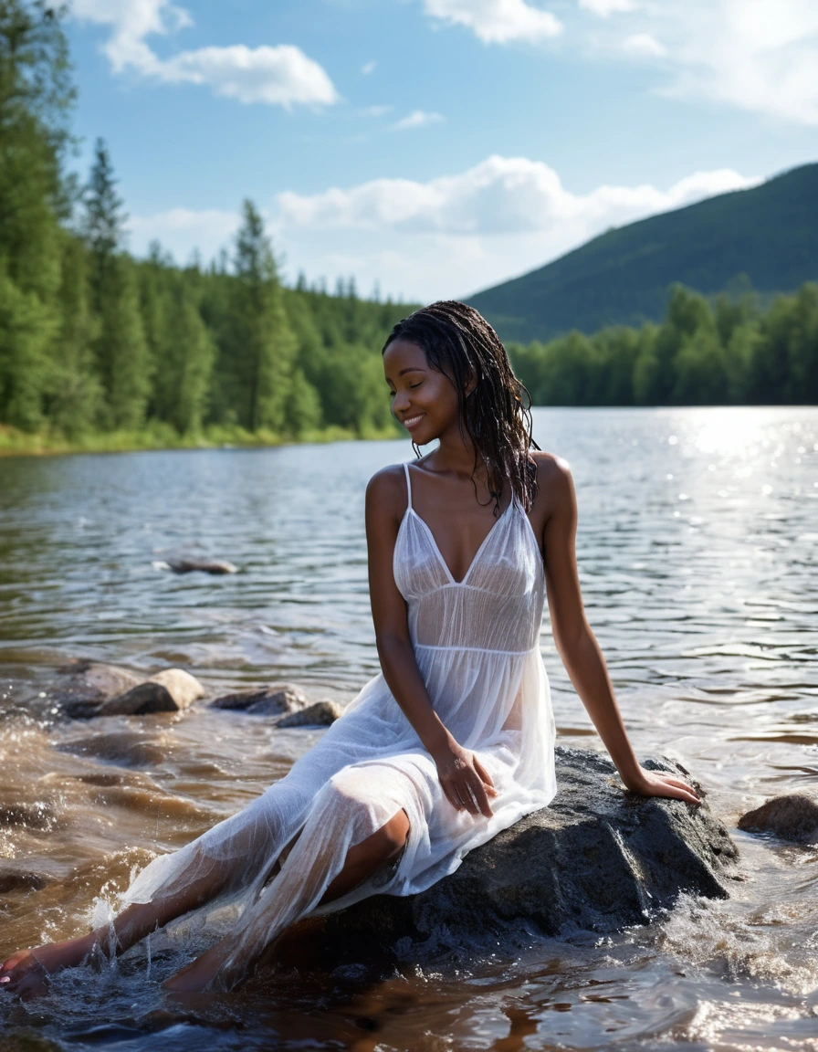 photo of young woman, in soaking wet, drenched clothes,
white strappy high heel wedge sandals, soaked, soaked white stockings, glistening wet, dripping with water, soaked clingy very tight-fitting short transparent white summer dress, glistening wet, dripping with water, showing cleavage, showing nipples, clear lake in the sun, 
enjoying, wet clothes stuck to body,
detailed textures of the wet clothes, wet face, wet plastered hair,
wet, drenched, professional, high-quality details, full body view.
sharp focus, ultra-high pixel detail, realistic, high-quality, full colors, incredibly detailed, 4k, 8k, 16k, hyper-realistic, RAW photo, masterpiece, ultra-detailed, professionally color graded, professional photograph, very slim, flat belly, petite ebony teen, skin the color of milk chocolate, firm a-cup breasts with hard nipples,  very long black hair, sultry black eyes, smiling timidly, sitting on a large granite rock, smoothing the dress