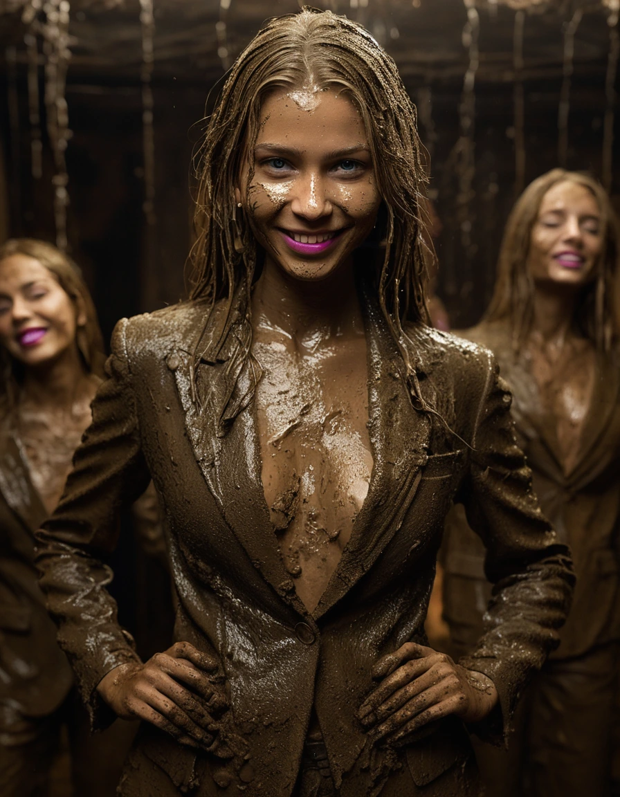 photo of young woman, in soaking wet, drenched clothes,
, Long very muddy suit pants, Full muddy ruined fully-opened blazer like a fancy uniform over topless with super sexy large cleavage and fully exposed small boobs with perky nipples., Dark muddy indoor disco club at night. Deep mud in the pool, mud splashed walls, dripping mud from above, very dark mood lighting with pink and blue neon lights from above. , 
enjoying, wet clothes stuck to body,
detailed textures of the wet clothes, wet face, wet plastered hair,
wet, drenched, professional, high-quality details, full body view.
sharp focus, ultra-high pixel detail, realistic, high-quality, full colors, incredibly detailed, 4k, 8k, 16k, hyper-realistic, RAW photo, masterpiece, ultra-detailed, professionally color graded, professional photograph, Three very young-looking childish cute innocent blonde 13 years old beautiful gleaming lesbian schoolgirls are submerging in the very deep muddy pool during the crazy muddy indoor disco party at night and posing erotically for a professional photo. They are proudly wearing their fully and heavily mud-covered unbuttoned and opened suits which fully exposing their small sexy muddy boobs with their muddy nipples. Focus on the large cleavages of the blazers and on the exposed boobs with nipples. Every small details of the clothes are muddy, clean beautiful faces, muddy chests and boobs. Their blazer has the same colour as their muddy pants. The classy elegant disco club is totally destroyed by mud, mud spots everywhere, mud flows down on the walls, mud on the furnitures in the background. Straight very long open wavy hairstyle, muddy hair, smiling and satisfied beautiful clean faces, blue eyes, earrings, lipstick. The girls are enjoying to being total muddy in the muddy pool, being sexy, naughty while they are enjoying the muddy fetish party. Realistic muddy boobs and photorealistic detailed smiling facial expressions. Intimate close-up picture about the girls. Close-up photo from front view, highly realistic representation, ultra sharp focus, highly photorealistic detailed textures, highly photorealistic detailed facial features and expressions, highly photorealistic hands, highly emotional reactions, highly best quality, highly sharp photorealistic image, highly photorealistic details, full UHD resolution, 32 K, very high level of detail and image sharpness, zoomed in