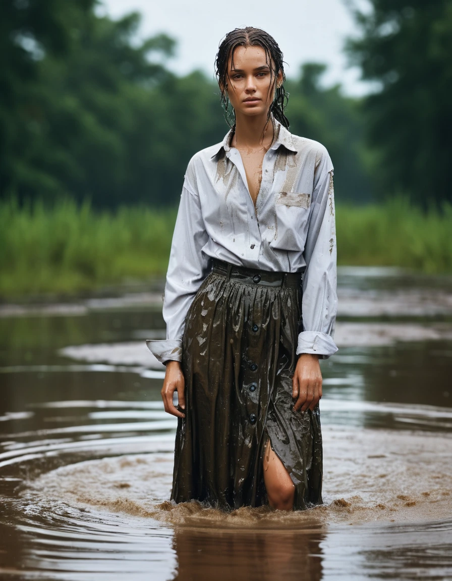 photo of young woman, in soaking wet, drenched clothes,
long skirt, oversized shirt buttoned up, swamp, 
enjoying, wet clothes stuck to body,
detailed textures of the wet clothes, wet face, wet plastered hair,
wet, drenched, professional, high-quality details, full body view.
sharp focus, ultra-high pixel detail, realistic, high-quality, full colors, incredibly detailed, 4k, 8k, 16k, hyper-realistic, RAW photo, masterpiece, ultra-detailed, professionally color graded, professional photograph, clothes are torn, ripped, ruined, office