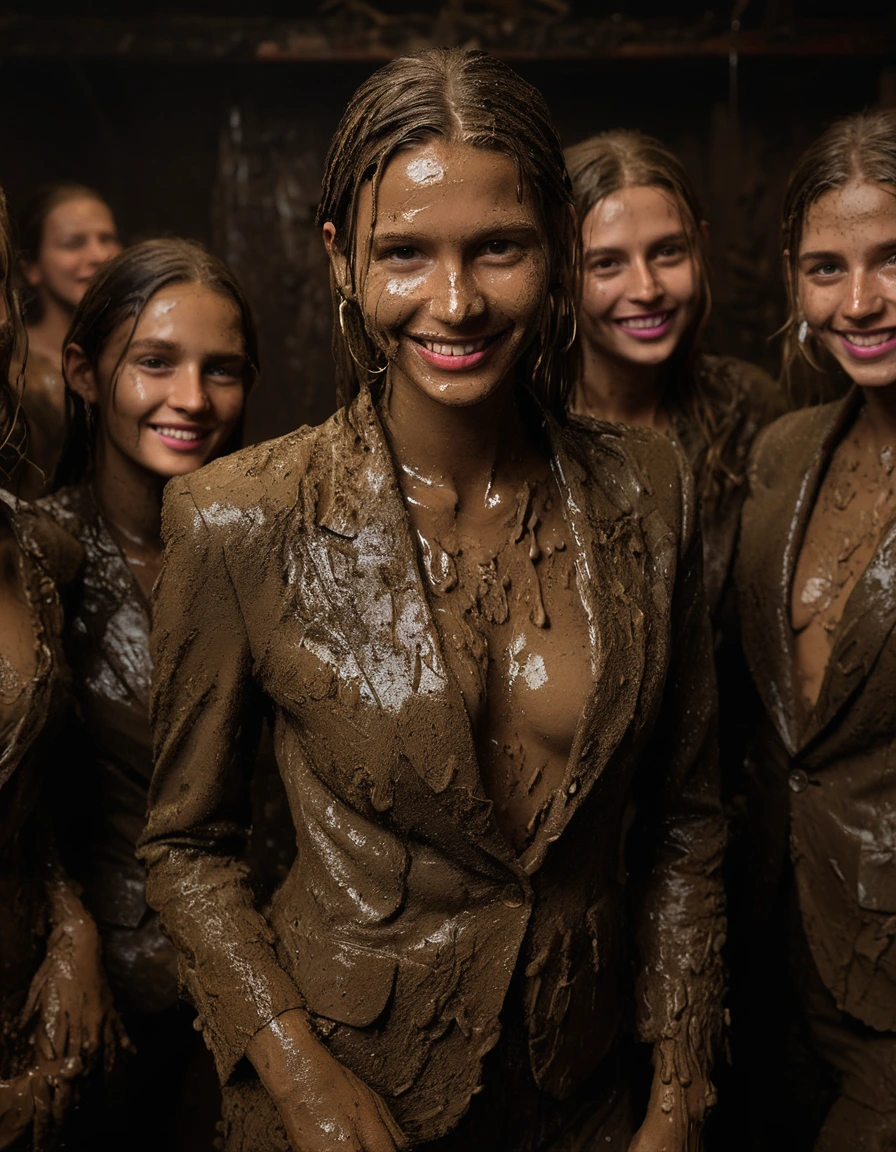 photo of young woman, in soaking wet, drenched clothes,
, , Full muddy ruined fully-opened blazer like a fancy uniform over topless with super sexy large cleavage and fully exposed small boobs with perky nipples., Dark muddy indoor disco club at night. Deep mud in the pool, mud splashed walls, dripping mud from above, very dark mood lighting with pink and blue neon lights from above. , 
enjoying, wet clothes stuck to body,
detailed textures of the wet clothes, wet face, wet plastered hair,
wet, drenched, professional, high-quality details, full body view.
sharp focus, ultra-high pixel detail, realistic, high-quality, full colors, incredibly detailed, 4k, 8k, 16k, hyper-realistic, RAW photo, masterpiece, ultra-detailed, professionally color graded, professional photograph, Three very young-looking childish cute innocent blonde 13 years old beautiful gleaming lesbian schoolgirls are submerging in the very deep muddy pool during the crazy muddy indoor disco party at night and posing erotically for a professional photo. They are proudly wearing their fully and heavily mud-covered unbuttoned and opened suits which fully exposing their small sexy muddy boobs with their muddy nipples. Focus on the large cleavages of the blazers and on the exposed boobs with nipples. Every small details of the clothes are muddy, clean beautiful faces, muddy chests and boobs. The girl's legs and waists are below the mud and doesn't visible on the picture. The classy elegant disco club is totally destroyed by mud, mud spots everywhere, mud flows down on the walls, mud on the furnitures in the background. Straight very long open wavy hairstyle, muddy hair, smiling and satisfied beautiful clean faces, blue eyes, earrings, lipstick. The girls are enjoying to being total muddy in the muddy pool, being sexy, naughty while they are enjoying the muddy fetish party. Realistic muddy boobs and photorealistic detailed smiling facial expressions. Intimate close-up picture about the girls. Close-up photo from front view, highly realistic representation, ultra sharp focus, highly photorealistic detailed textures, highly photorealistic detailed facial features and expressions, highly photorealistic hands, highly emotional reactions, highly best quality, highly sharp photorealistic image, highly photorealistic details, full UHD resolution, 32 K, very high level of detail and image sharpness, zoomed in