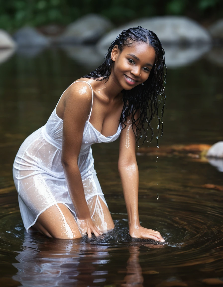 photo of young woman, in soaking wet, drenched clothes,
white strappy high heel wedge sandals, soaked, soaked white stockings, glistening wet, dripping with water, soaked clingy very tight-fitting short transparent white summer dress, glistening wet, dripping with water, showing cleavage, showing nipples, clear lake in the sun, 
enjoying, wet clothes stuck to body,
detailed textures of the wet clothes, wet face, wet plastered hair,
wet, drenched, professional, high-quality details, full body view.
sharp focus, ultra-high pixel detail, realistic, high-quality, full colors, incredibly detailed, 4k, 8k, 16k, hyper-realistic, RAW photo, masterpiece, ultra-detailed, professionally color graded, professional photograph, very slim, flat belly, petite ebony teen, skin the color of milk chocolate, firm a-cup breasts with hard nipples,  very long black hair, sultry black eyes, smiling timidly, sitting on a large granite rock, smoothing the dress