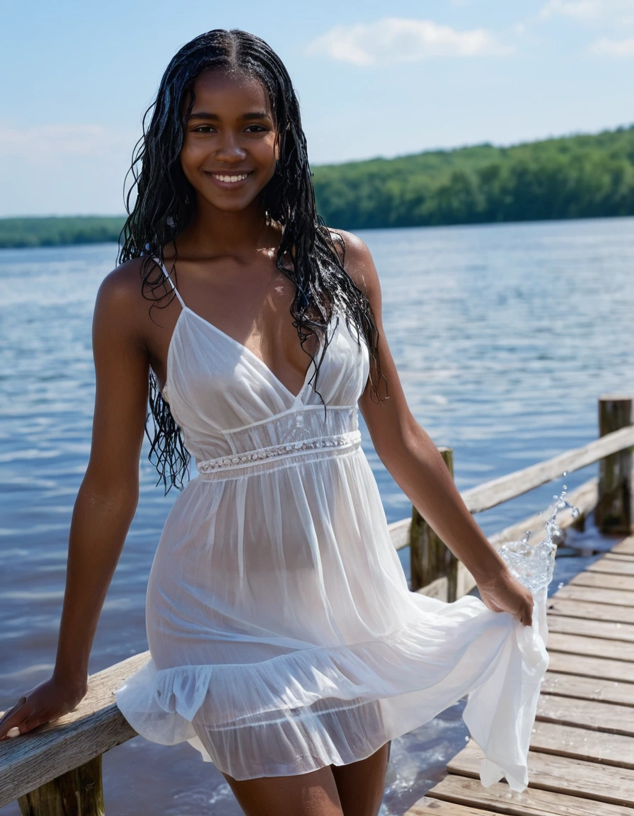 photo of young woman, in soaking wet, drenched clothes,
white strappy high heel wedge sandals, soaked, soaked white stockings, glistening wet, dripping with water, soaked clingy very tight-fitting short transparent white summer dress, glistening wet, dripping with water, showing cleavage, showing nipples, clear lake in the sun, 
enjoying, wet clothes stuck to body,
detailed textures of the wet clothes, wet face, wet plastered hair,
wet, drenched, professional, high-quality details, full body view.
sharp focus, ultra-high pixel detail, realistic, high-quality, full colors, incredibly detailed, 4k, 8k, 16k, hyper-realistic, RAW photo, masterpiece, ultra-detailed, professionally color graded, professional photograph, very slim, flat belly, petite ebony teen, skin the color of milk chocolate, firm a-cup breasts,  very long black hair, sultry black eyes, smiling timidly, standing on a small wooden pier, smoothing the dress
