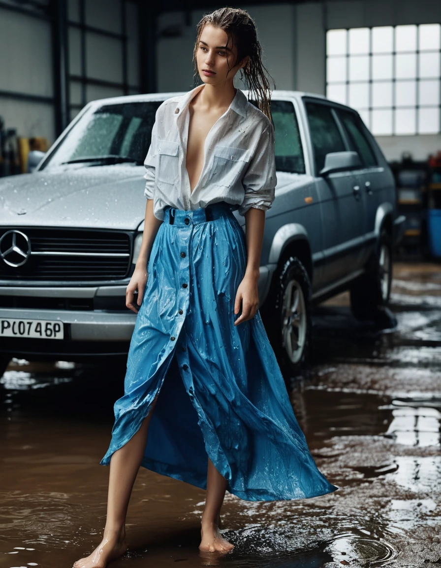 photo of young woman, in soaking wet, drenched clothes,
long skirt, oversized shirt buttoned up, car workshop, 
enjoying, wet clothes stuck to body,
detailed textures of the wet clothes, wet face, wet plastered hair,
wet, drenched, professional, high-quality details, full body view.
sharp focus, ultra-high pixel detail, realistic, high-quality, full colors, incredibly detailed, 4k, 8k, 16k, hyper-realistic, RAW photo, masterpiece, ultra-detailed, professionally color graded, professional photograph, clothes are torn, ripped, ruined