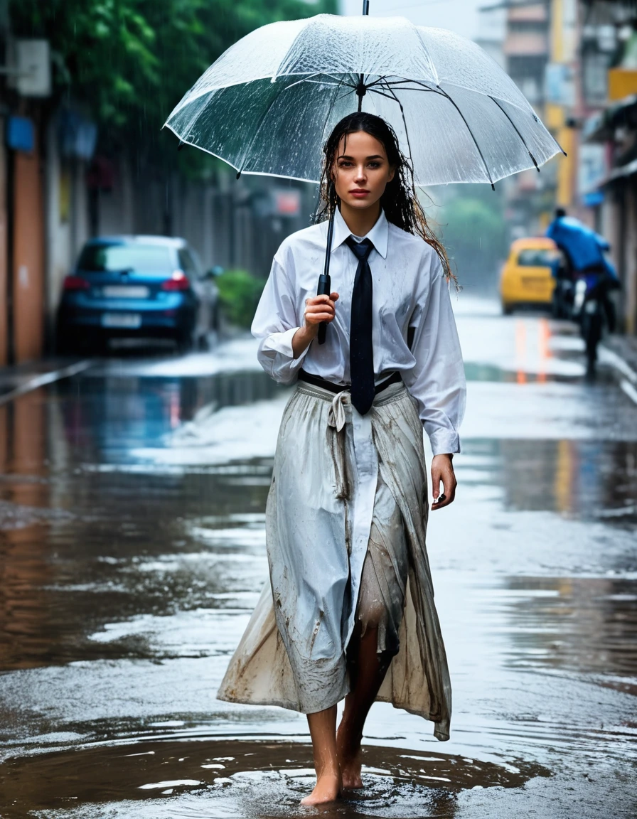 photo of young woman, in soaking wet, drenched clothes,
maxi skirt, white long-sleeved oversized shirt, tie, sewer, 
enjoying, wet clothes stuck to body,
detailed textures of the wet clothes, wet face, wet plastered hair,
wet, drenched, professional, high-quality details, full body view.
sharp focus, ultra-high pixel detail, realistic, high-quality, full colors, incredibly detailed, 4k, 8k, 16k, hyper-realistic, RAW photo, masterpiece, ultra-detailed, professionally color graded, professional photograph, heavy rain, umbrella