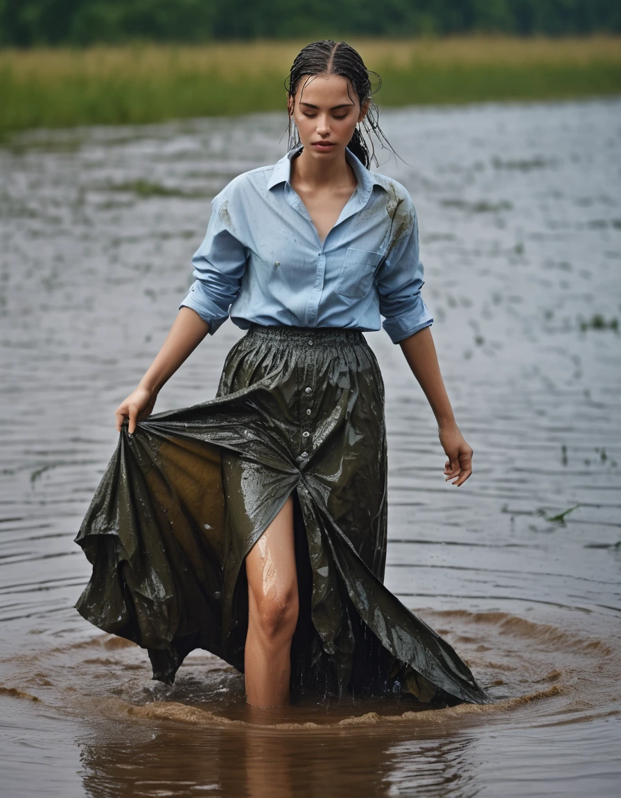 photo of young woman, in soaking wet, drenched clothes,
long skirt, oversized shirt buttoned up, swamp, 
enjoying, wet clothes stuck to body,
detailed textures of the wet clothes, wet face, wet plastered hair,
wet, drenched, professional, high-quality details, full body view.
sharp focus, ultra-high pixel detail, realistic, high-quality, full colors, incredibly detailed, 4k, 8k, 16k, hyper-realistic, RAW photo, masterpiece, ultra-detailed, professionally color graded, professional photograph, clothes are torn, ripped, ruined