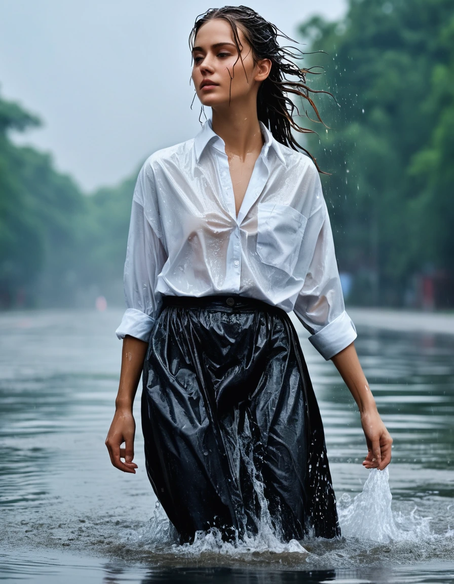 photo of young woman, in soaking wet, drenched clothes,
long skirt, oversized shirt buttoned up, office, 
enjoying, wet clothes stuck to body,
detailed textures of the wet clothes, wet face, wet plastered hair,
wet, drenched, professional, high-quality details, full body view.
sharp focus, ultra-high pixel detail, realistic, high-quality, full colors, incredibly detailed, 4k, 8k, 16k, hyper-realistic, RAW photo, masterpiece, ultra-detailed, professionally color graded, professional photograph, clothes are torn, ripped, ruined, fire drill