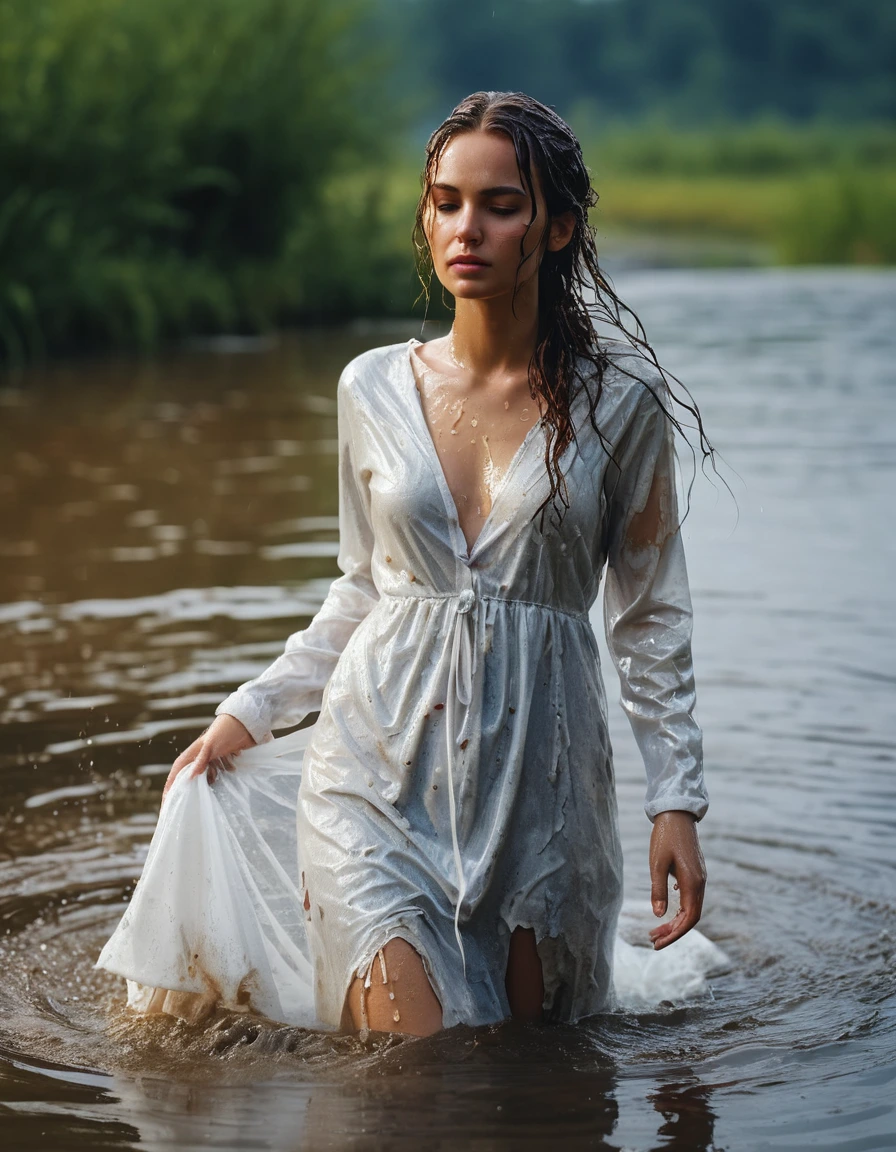 photo of young woman, in soaking wet, drenched clothes,
long sleeved weddig dress torn, pond, 
enjoying, wet clothes stuck to body,
detailed textures of the wet clothes, wet face, wet plastered hair,
wet, drenched, professional, high-quality details, full body view.
sharp focus, ultra-high pixel detail, realistic, high-quality, full colors, incredibly detailed, 4k, 8k, 16k, hyper-realistic, RAW photo, masterpiece, ultra-detailed, professionally color graded, professional photograph, clothes are torn, ripped, ruined