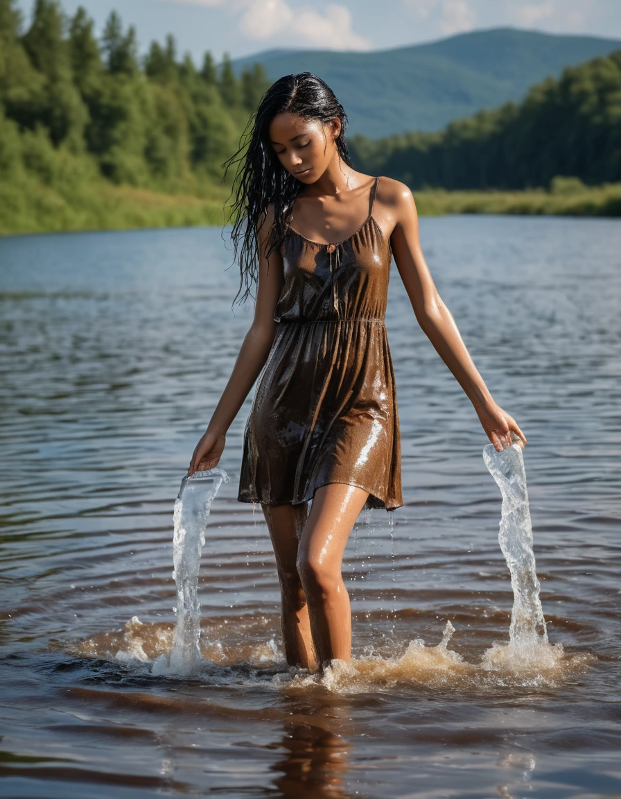 photo of young woman, in soaking wet, drenched clothes,
white wedge sneakers, soaked, soaked white thigh high socks, glistening wet, dripping with water, soaked very tight-fitting short summer dress, glistening wet, dripping with water, showing cleavege, showing nipples, clear lake in the sun, 
enjoying, wet clothes stuck to body,
detailed textures of the wet clothes, wet face, wet plastered hair,
wet, drenched, professional, high-quality details, full body view.
sharp focus, ultra-high pixel detail, realistic, high-quality, full colors, incredibly detailed, 4k, 8k, 16k, hyper-realistic, RAW photo, masterpiece, ultra-detailed, professionally color graded, professional photograph, very slim, flat belly, petite ebony teen, skin the color of milk chocolate, very long black hair, sultry black eyes, full figure