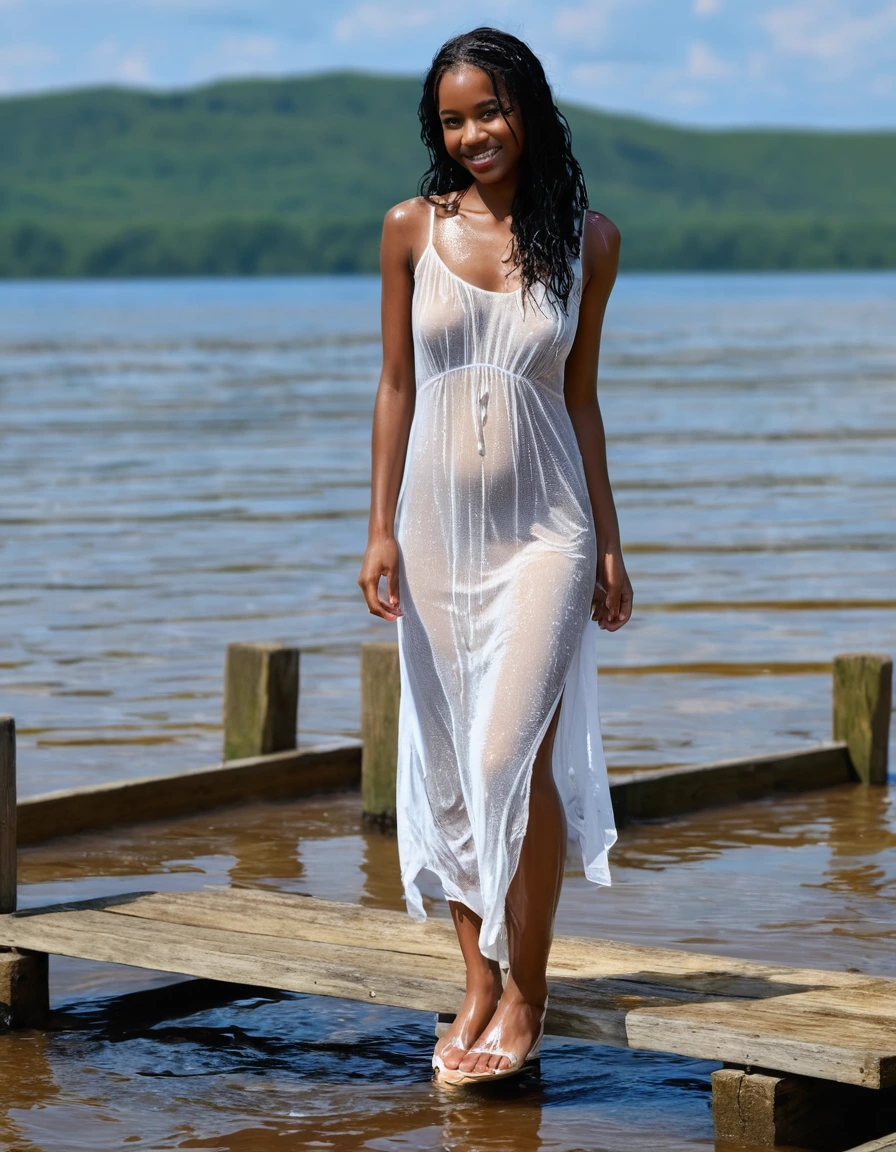 photo of young woman, in soaking wet, drenched clothes,
white wedge sandals, soaked, soaked white stockings, glistening wet, dripping with water, soaked clingy very tight-fitting short transparent white summer dress, glistening wet, dripping with water, showing cleavage, showing nipples, clear lake in the sun, 
enjoying, wet clothes stuck to body,
detailed textures of the wet clothes, wet face, wet plastered hair,
wet, drenched, professional, high-quality details, full body view.
sharp focus, ultra-high pixel detail, realistic, high-quality, full colors, incredibly detailed, 4k, 8k, 16k, hyper-realistic, RAW photo, masterpiece, ultra-detailed, professionally color graded, professional photograph, very slim, flat belly, petite ebony teen, skin the color of milk chocolate, firm a-cup breasts,  very long black hair, sultry black eyes, smiling timidly, standing on a small wooden pier, smoothing the dress