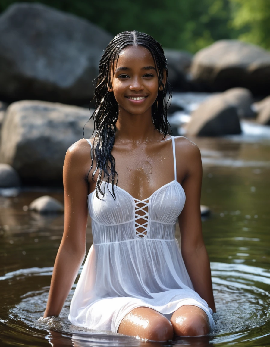 photo of young woman, in soaking wet, drenched clothes,
white strappy high heel wedge sandals, soaked, soaked white stockings, glistening wet, dripping with water, soaked clingy very tight-fitting short transparent white summer dress, glistening wet, dripping with water, showing cleavage, showing nipples, clear lake in the sun, 
enjoying, wet clothes stuck to body,
detailed textures of the wet clothes, wet face, wet plastered hair,
wet, drenched, professional, high-quality details, full body view.
sharp focus, ultra-high pixel detail, realistic, high-quality, full colors, incredibly detailed, 4k, 8k, 16k, hyper-realistic, RAW photo, masterpiece, ultra-detailed, professionally color graded, professional photograph, very slim, flat belly, petite ebony teen, skin the color of milk chocolate, firm a-cup breasts with hard nipples,  very long black hair, sultry black eyes, smiling timidly, sitting on a large granite rock, smoothing the dress