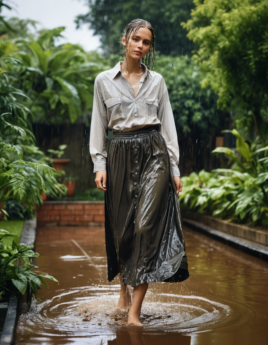 photo of young woman, in soaking wet, drenched clothes,
long skirt, oversized shirt buttoned up, garden, 
enjoying, wet clothes stuck to body,
detailed textures of the wet clothes, wet face, wet plastered hair,
wet, drenched, professional, high-quality details, full body view.
sharp focus, ultra-high pixel detail, realistic, high-quality, full colors, incredibly detailed, 4k, 8k, 16k, hyper-realistic, RAW photo, masterpiece, ultra-detailed, professionally color graded, professional photograph, mud from head to toe