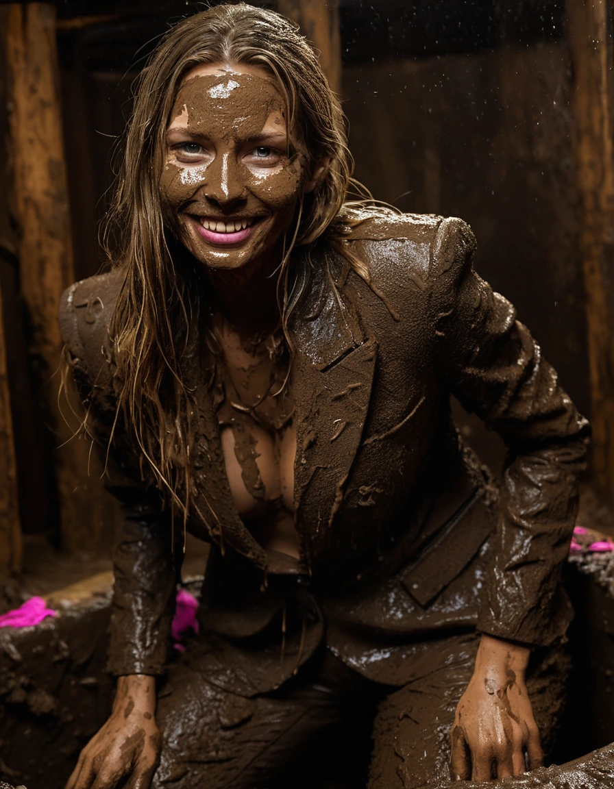photo of young woman, in soaking wet, drenched clothes,
Muddy high heels, Long very muddy suit pants, Full muddy ruined fully-opened blazer like a fancy uniform over topless with super sexy cleavage and fully exposed small boobs with perky nipples., Dark muddy indoor disco club at night. Mud-filled deep hot tub in the club. Deep mud in the pool, mud splashed walls, dripping mud from above, very dark mood lighting with pink and blue neon lights from above. , 
enjoying, wet clothes stuck to body,
detailed textures of the wet clothes, wet face, wet plastered hair,
wet, drenched, professional, high-quality details, full body view.
sharp focus, ultra-high pixel detail, realistic, high-quality, full colors, incredibly detailed, 4k, 8k, 16k, hyper-realistic, RAW photo, masterpiece, ultra-detailed, professionally color graded, professional photograph, Three very young-looking childish cute innocent blonde 13 years old beautiful gleaming lesbian schoolgirls are lying down and relaxing sexually satisfied in the deep muddy hot tub after muddy orgasm during the crazy muddy indoor disco party at night on a professional photo. They are proudly wearing their fully and heavily mud-covered unbuttoned and opened suits which fully exposing their small sexy muddy boobs with their muddy nipples. Focus on the large cleavages of the blazers and on the exposed boobs with nipples. Every small details of the clothes are muddy, clean beautiful faces, muddy chests and boobs. Their blazer has the same colour as their muddy pants. The classy elegant disco club is totally destroyed by mud, mud spots everywhere, mud flows down on the walls, mud on the furnitures in the background. Straight very long open wavy hairstyle, muddy hair, smiling and satisfied beautiful clean faces, blue eyes, earrings, lipstick. The girls are enjoying to being total muddy in the muddy pool, being sexy, naughty while they are enjoying the muddy fetish party. Realistic muddy boobs and photorealistic detailed smiling facial expressions. Intimate close-up picture about the girls. Close-up photo from front view, highly realistic representation, ultra sharp focus, highly photorealistic detailed textures, highly photorealistic detailed facial features and expressions, highly photorealistic hands, highly emotional reactions, highly best quality, highly sharp photorealistic image, highly photorealistic details, full UHD resolution, 32 K, very high level of detail and image sharpness, zoomed in