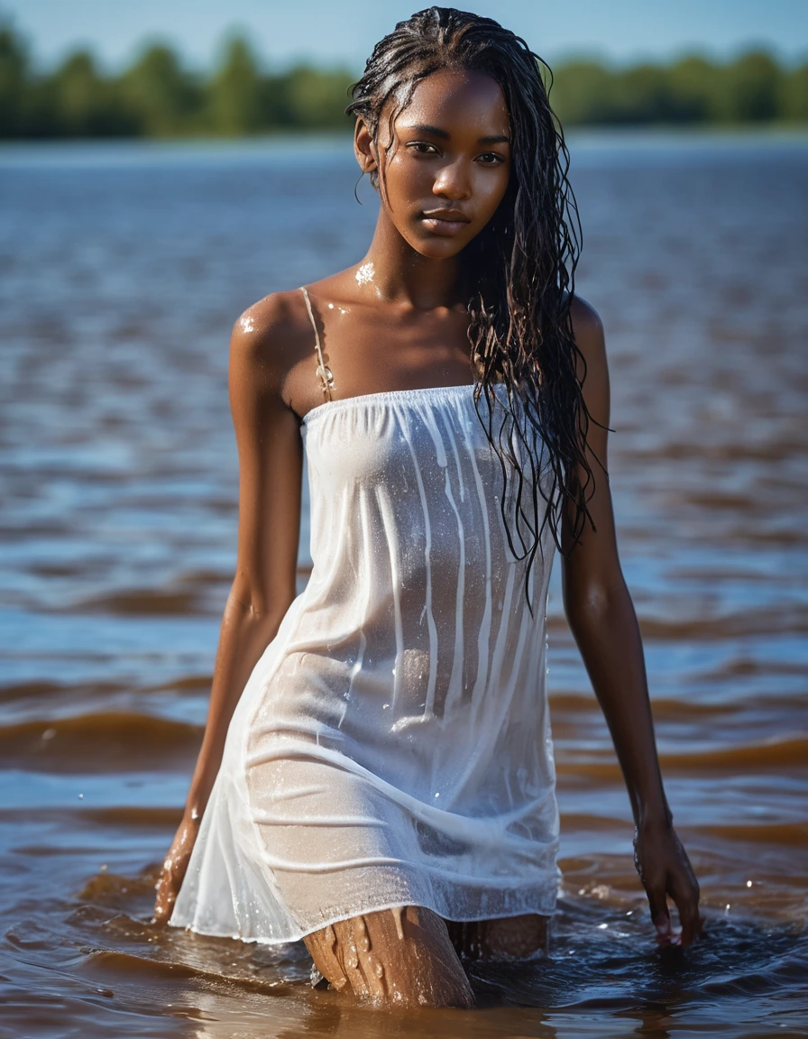 photo of young woman, in soaking wet, drenched clothes,
white wedge sneakers, soaked, soaked white thigh high stockings, glistening wet, dripping with water, soaked very tight-fitting short white summer dress, glistening wet, dripping with water, showing cleavege, showing nipples, clear lake in the sun, 
enjoying, wet clothes stuck to body,
detailed textures of the wet clothes, wet face, wet plastered hair,
wet, drenched, professional, high-quality details, full body view.
sharp focus, ultra-high pixel detail, realistic, high-quality, full colors, incredibly detailed, 4k, 8k, 16k, hyper-realistic, RAW photo, masterpiece, ultra-detailed, professionally color graded, professional photograph, very slim, flat belly, petite ebony teen, skin the color of milk chocolate, very long black hair, sultry black eyes, full figure