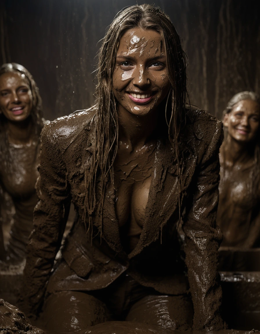 photo of young woman, in soaking wet, drenched clothes,
Muddy high heels, Long very muddy suit pants, Full muddy ruined fully-opened blazer like a fancy uniform over topless with super sexy cleavage and fully exposed small boobs with perky nipples., Dark muddy indoor disco club at night. Mud-filled deep hot tub in the club. Deep mud in the pool, mud splashed walls, dripping mud from above, very dark mood lighting with pink and blue neon lights from above. , 
enjoying, wet clothes stuck to body,
detailed textures of the wet clothes, wet face, wet plastered hair,
wet, drenched, professional, high-quality details, full body view.
sharp focus, ultra-high pixel detail, realistic, high-quality, full colors, incredibly detailed, 4k, 8k, 16k, hyper-realistic, RAW photo, masterpiece, ultra-detailed, professionally color graded, professional photograph, Three very young-looking childish cute innocent blonde 15 years old beautiful gleaming lesbian schoolgirls are laying on their backs and relaxing sexually exhausted in the deep muddy hot tub after muddy orgasm during the crazy muddy indoor party at night on a professional photo. They are proudly wearing their fully and heavily mud-covered unbuttoned and opened suits which fully exposing their small sexy muddy boobs with their muddy nipples. Focus on the large cleavages of the blazers and on the exposed boobs with nipples. Every small details of the clothes are muddy, clean beautiful faces, muddy chests and boobs. Their blazer has the same colour as their muddy pants. The classy elegant disco club is totally destroyed by mud, mud spots everywhere, mud flows down on the walls, mud on the furnitures in the background. Straight very long open wavy hairstyle, muddy hair, smiling and satisfied beautiful clean faces, blue eyes, earrings, lipstick. The girls are enjoying to being total muddy in the muddy pool, being sexy, naughty while they are enjoying the muddy fetish party. Realistic muddy boobs and photorealistic detailed smiling facial expressions. Intimate close-up picture about the girls. Close-up photo from front view, highly realistic representation, ultra sharp focus, highly photorealistic detailed textures, highly photorealistic detailed facial features and expressions, highly photorealistic hands, highly emotional reactions, highly best quality, highly sharp photorealistic image, highly photorealistic details, full UHD resolution, 32 K, very high level of detail and image sharpness, zoomed in