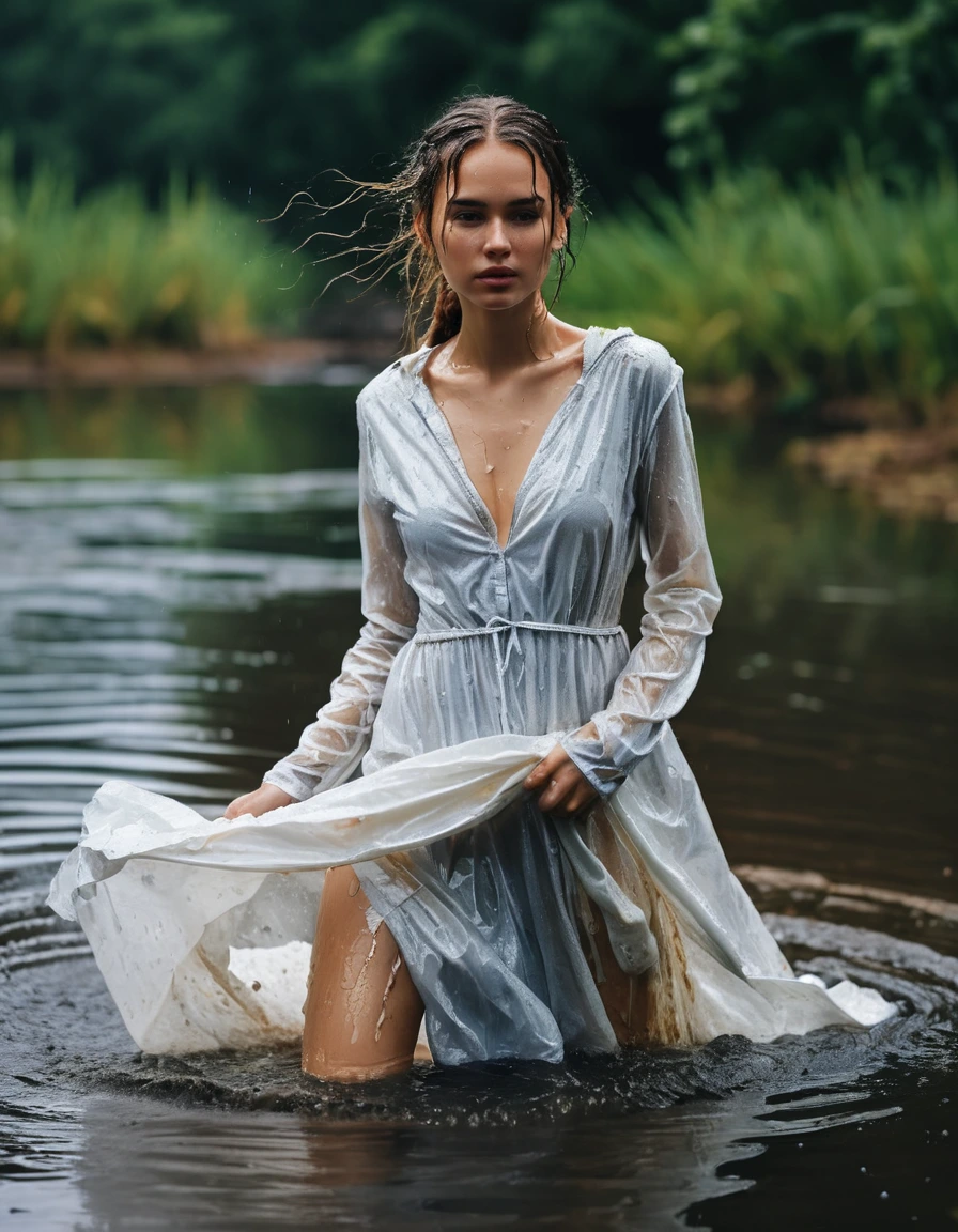 photo of young woman, in soaking wet, drenched clothes,
long sleeved weddig dress torn, pond, 
enjoying, wet clothes stuck to body,
detailed textures of the wet clothes, wet face, wet plastered hair,
wet, drenched, professional, high-quality details, full body view.
sharp focus, ultra-high pixel detail, realistic, high-quality, full colors, incredibly detailed, 4k, 8k, 16k, hyper-realistic, RAW photo, masterpiece, ultra-detailed, professionally color graded, professional photograph, clothes are torn, ripped, ruined