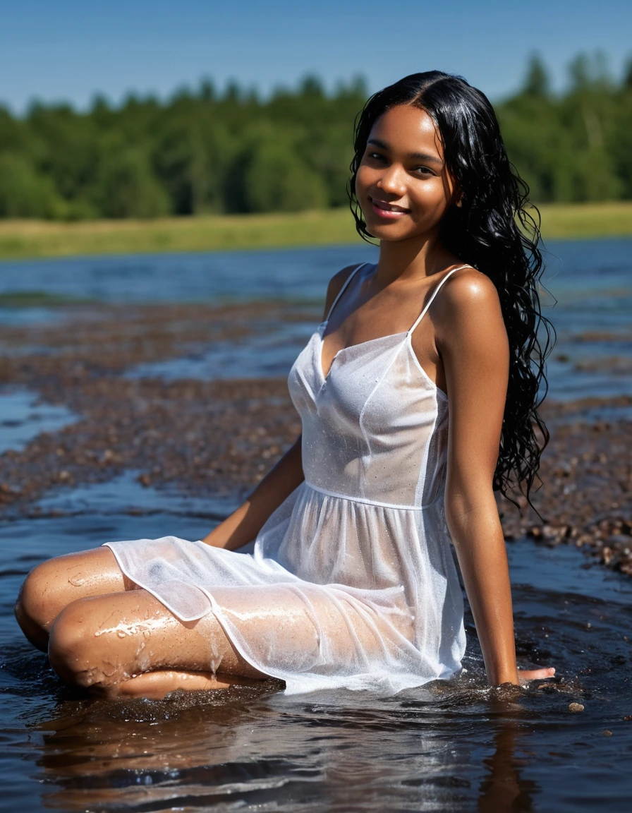 photo of young woman, in soaking wet, drenched clothes,
white strappy high heel wedge sandals, soaked, soaked white stockings, glistening wet, dripping with water, soaked clingy very tight-fitting short transparent white summer dress, glistening wet, dripping with water, showing cleavage, showing nipples, clear lake in the sun, 
enjoying, wet clothes stuck to body,
detailed textures of the wet clothes, wet face, wet plastered hair,
wet, drenched, professional, high-quality details, full body view.
sharp focus, ultra-high pixel detail, realistic, high-quality, full colors, incredibly detailed, 4k, 8k, 16k, hyper-realistic, RAW photo, masterpiece, ultra-detailed, professionally color graded, professional photograph, very slim, flat belly, petite ebony teen, skin the color of milk chocolate, firm a-cup breasts with hard nipples,  very long black hair, sultry black eyes, smiling timidly, sitting on a large granite rock, smoothing the dress