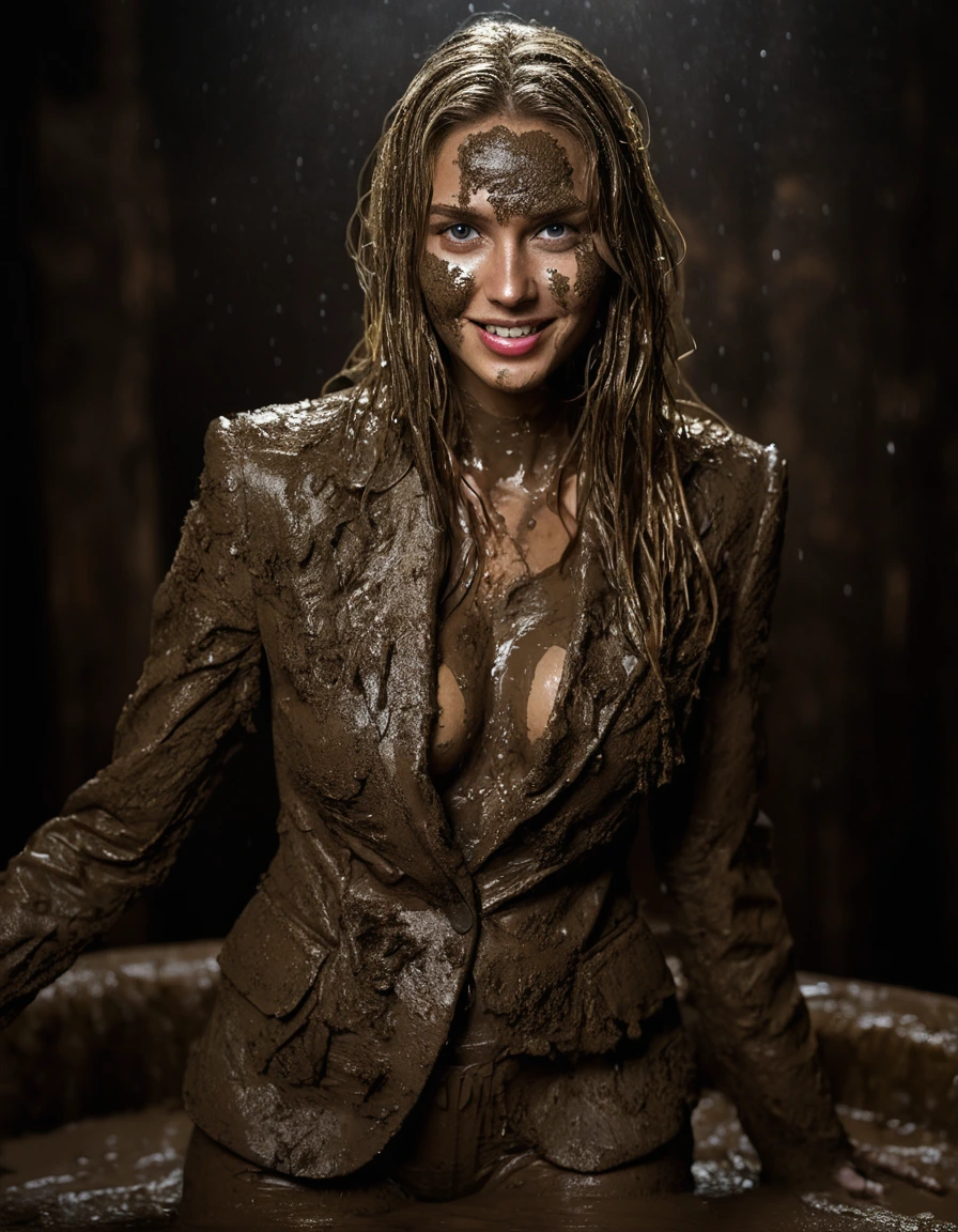 photo of young woman, in soaking wet, drenched clothes,
Muddy high heels, Long very muddy suit pants, Full muddy ruined fully-opened blazer like a fancy uniform over topless with super sexy cleavage and fully exposed small boobs with perky nipples., Dark muddy indoor disco club at night. Mud-filled deep hot tub in the club. Deep mud in the pool, mud splashed walls, dripping mud from above, very dark mood lighting with pink and blue neon lights from above. , 
enjoying, wet clothes stuck to body,
detailed textures of the wet clothes, wet face, wet plastered hair,
wet, drenched, professional, high-quality details, full body view.
sharp focus, ultra-high pixel detail, realistic, high-quality, full colors, incredibly detailed, 4k, 8k, 16k, hyper-realistic, RAW photo, masterpiece, ultra-detailed, professionally color graded, professional photograph, Three very young-looking childish cute innocent blonde 15 years old beautiful gleaming lesbian schoolgirls are laying on their backs and relaxing sexually exhausted in the deep muddy hot tub after muddy orgasm during the crazy muddy indoor party at night on a professional photo. They are proudly wearing their fully and heavily mud-covered unbuttoned and opened suits which fully exposing their small sexy muddy boobs with their muddy nipples. Focus on the large cleavages of the blazers and on the exposed boobs with nipples. Every small details of the clothes are muddy, clean beautiful faces, muddy chests and boobs. Their blazer has the same colour as their muddy pants. The classy elegant disco club is totally destroyed by mud, mud spots everywhere, mud flows down on the walls, mud on the furnitures in the background. Straight very long open wavy hairstyle, muddy hair, smiling and satisfied beautiful clean faces, blue eyes, earrings, lipstick. The girls are enjoying to being total muddy in the muddy pool, being sexy, naughty while they are enjoying the muddy fetish party. Realistic muddy boobs and photorealistic detailed smiling facial expressions. Intimate close-up picture about the girls. Close-up photo from front view, highly realistic representation, ultra sharp focus, highly photorealistic detailed textures, highly photorealistic detailed facial features and expressions, highly photorealistic hands, highly emotional reactions, highly best quality, highly sharp photorealistic image, highly photorealistic details, full UHD resolution, 32 K, very high level of detail and image sharpness, zoomed in