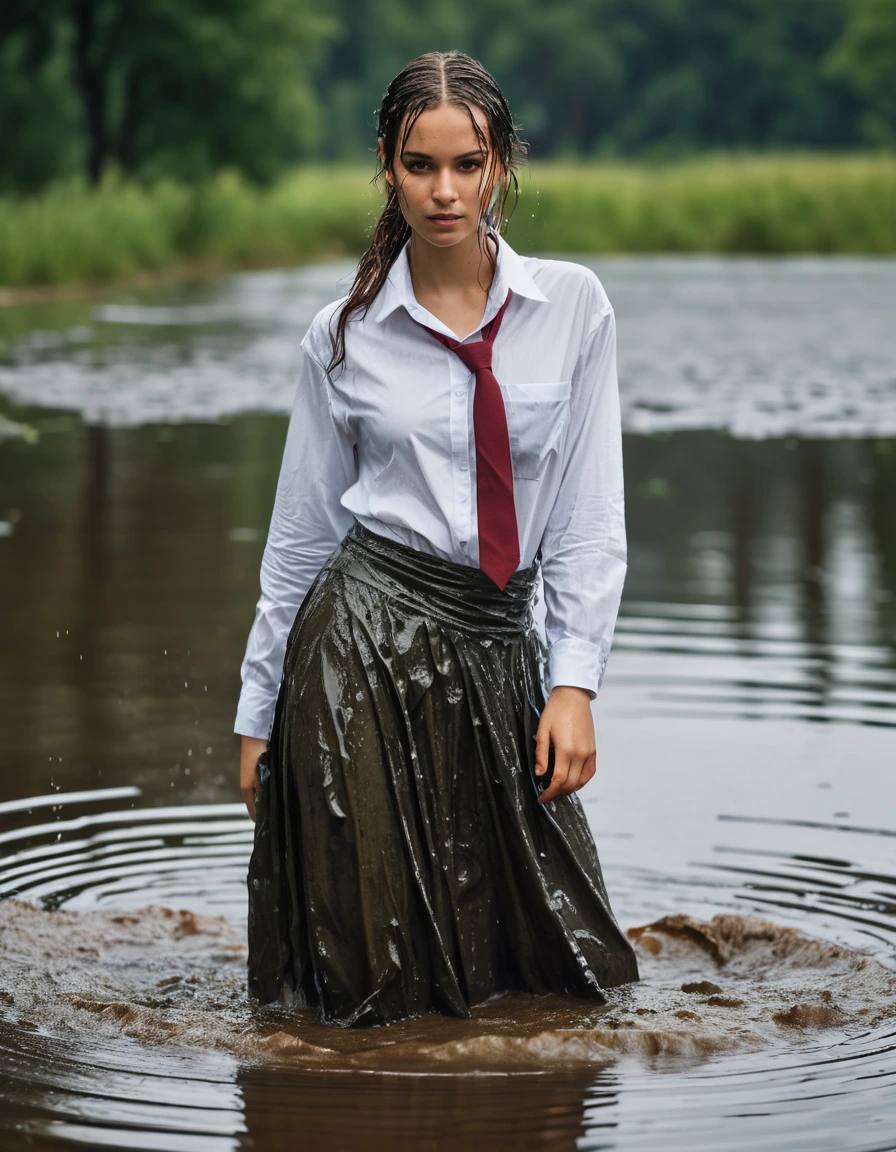 photo of young woman, in soaking wet, drenched clothes,
maxi skirt, white oversized shirt, tie, pond, 
enjoying, wet clothes stuck to body,
detailed textures of the wet clothes, wet face, wet plastered hair,
wet, drenched, professional, high-quality details, full body view.
sharp focus, ultra-high pixel detail, realistic, high-quality, full colors, incredibly detailed, 4k, 8k, 16k, hyper-realistic, RAW photo, masterpiece, ultra-detailed, professionally color graded, professional photograph