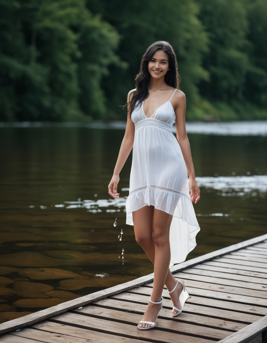 photo of young woman, in soaking wet, drenched clothes,
white strappy high heel wedge sandals, soaked, soaked white stockings, glistening wet, dripping with water, soaked clingy very tight-fitting short transparent white summer dress, glistening wet, dripping with water, showing cleavage, showing nipples, clear lake in the sun, 
enjoying, wet clothes stuck to body,
detailed textures of the wet clothes, wet face, wet plastered hair,
wet, drenched, professional, high-quality details, full body view.
sharp focus, ultra-high pixel detail, realistic, high-quality, full colors, incredibly detailed, 4k, 8k, 16k, hyper-realistic, RAW photo, masterpiece, ultra-detailed, professionally color graded, professional photograph, very slim, flat belly, petite ebony teen, skin the color of milk chocolate, firm a-cup breasts,  very long black hair, sultry black eyes, smiling timidly, standing on a small wooden pier, smoothing the dress