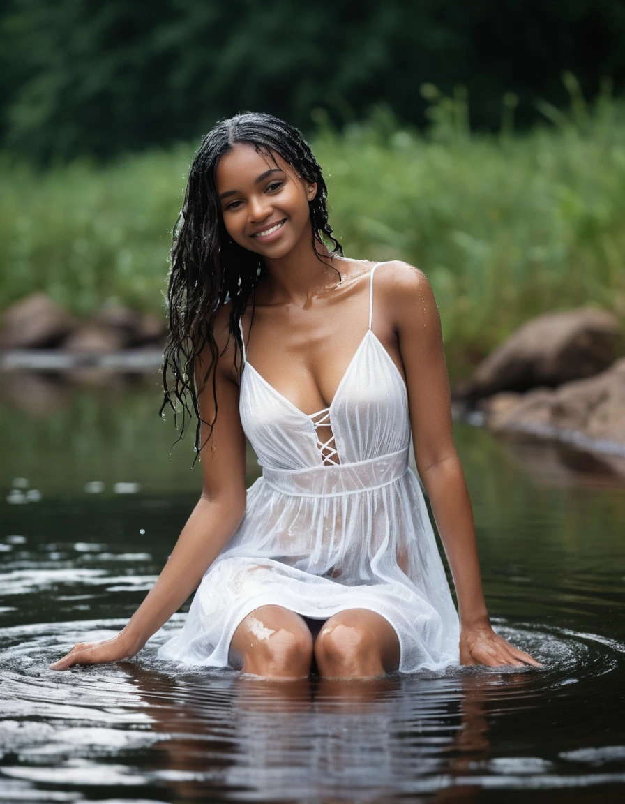 photo of young woman, in soaking wet, drenched clothes,
white strappy high heel wedge sandals, soaked, soaked white stockings, glistening wet, dripping with water, soaked clingy very tight-fitting short transparent white summer dress, glistening wet, dripping with water, showing cleavage, showing nipples, clear lake in the sun, 
enjoying, wet clothes stuck to body,
detailed textures of the wet clothes, wet face, wet plastered hair,
wet, drenched, professional, high-quality details, full body view.
sharp focus, ultra-high pixel detail, realistic, high-quality, full colors, incredibly detailed, 4k, 8k, 16k, hyper-realistic, RAW photo, masterpiece, ultra-detailed, professionally color graded, professional photograph, very slim, flat belly, petite ebony teen, skin the color of milk chocolate, firm a-cup breasts with hard nipples,  very long black hair, sultry black eyes, smiling timidly, sitting on a large granite rock, smoothing the dress