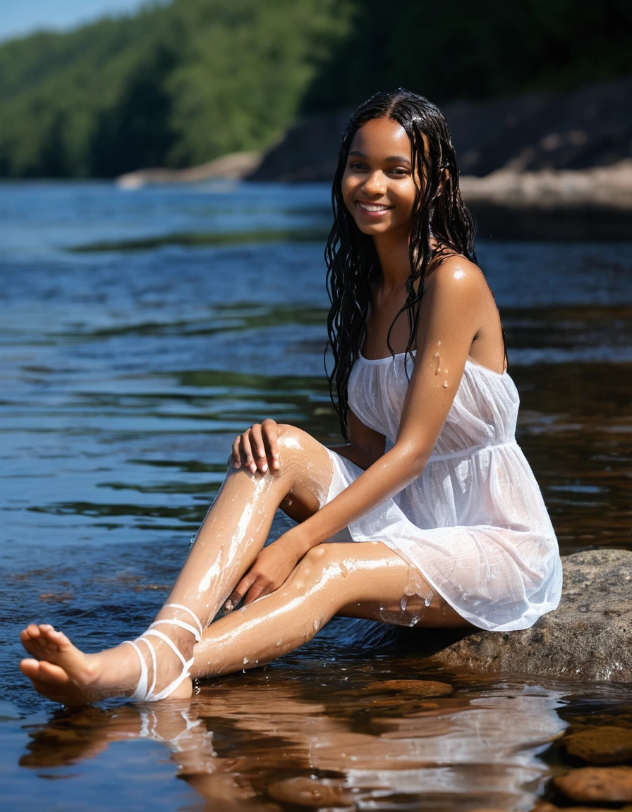 photo of young woman, in soaking wet, drenched clothes,
white strappy high heel wedge sandals, soaked, soaked white stockings, glistening wet, dripping with water, soaked clingy very tight-fitting short transparent white summer dress, glistening wet, dripping with water, showing cleavage, showing nipples, clear lake in the sun, 
enjoying, wet clothes stuck to body,
detailed textures of the wet clothes, wet face, wet plastered hair,
wet, drenched, professional, high-quality details, full body view.
sharp focus, ultra-high pixel detail, realistic, high-quality, full colors, incredibly detailed, 4k, 8k, 16k, hyper-realistic, RAW photo, masterpiece, ultra-detailed, professionally color graded, professional photograph, very slim, flat belly, petite ebony teen, skin the color of milk chocolate, firm a-cup breasts with hard nipples,  very long black hair, sultry black eyes, smiling timidly, sitting on a large granite rock, smoothing the dress