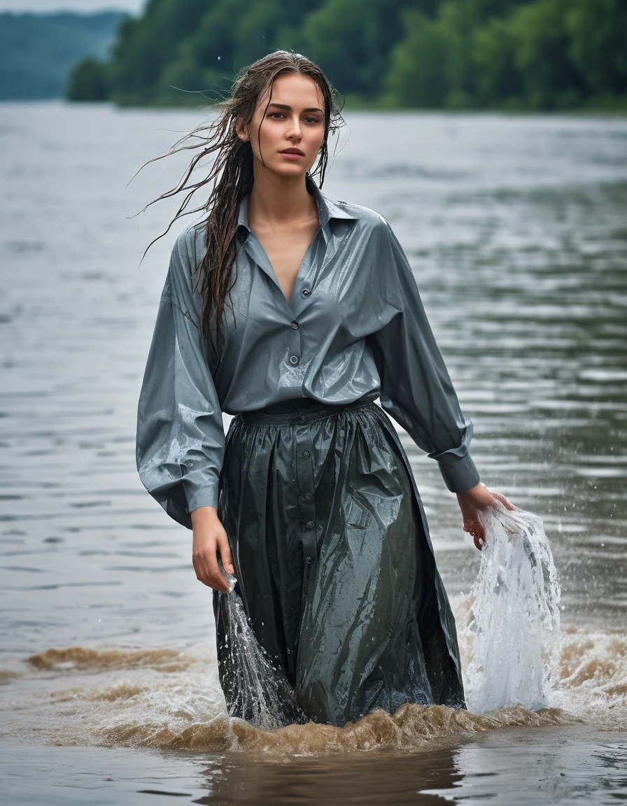 photo of young woman, in soaking wet, drenched clothes,
long skirt, oversized shirt buttoned up, danube, 
enjoying, wet clothes stuck to body,
detailed textures of the wet clothes, wet face, wet plastered hair,
wet, drenched, professional, high-quality details, full body view.
sharp focus, ultra-high pixel detail, realistic, high-quality, full colors, incredibly detailed, 4k, 8k, 16k, hyper-realistic, RAW photo, masterpiece, ultra-detailed, professionally color graded, professional photograph