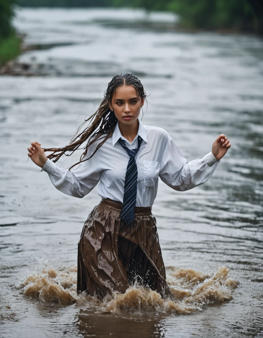 photo of young woman, in soaking wet, drenched clothes,
maxi skirt, white oversized shirt, tie, river, 
enjoying, wet clothes stuck to body,
detailed textures of the wet clothes, wet face, wet plastered hair,
wet, drenched, professional, high-quality details, full body view.
sharp focus, ultra-high pixel detail, realistic, high-quality, full colors, incredibly detailed, 4k, 8k, 16k, hyper-realistic, RAW photo, masterpiece, ultra-detailed, professionally color graded, professional photograph, raining