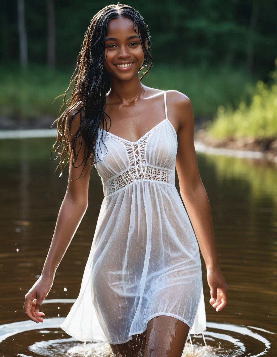 photo of young woman, in soaking wet, drenched clothes,
white wedge sandals, soaked, soaked white stockings, glistening wet, dripping with water, soaked clingy very tight-fitting short transparent white summer dress, glistening wet, dripping with water, showing cleavage, showing nipples, clear lake in the sun, 
enjoying, wet clothes stuck to body,
detailed textures of the wet clothes, wet face, wet plastered hair,
wet, drenched, professional, high-quality details, full body view.
sharp focus, ultra-high pixel detail, realistic, high-quality, full colors, incredibly detailed, 4k, 8k, 16k, hyper-realistic, RAW photo, masterpiece, ultra-detailed, professionally color graded, professional photograph, very slim, flat belly, petite ebony teen, skin the color of milk chocolate, very long black hair, sultry black eyes, smiling timidly, walking towards the shore, full figure