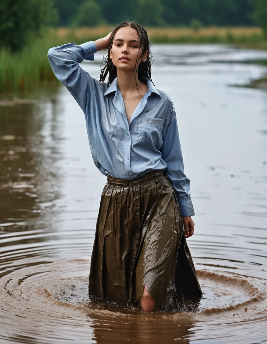 photo of young woman, in soaking wet, drenched clothes,
long skirt, oversized shirt buttoned up, pond, 
enjoying, wet clothes stuck to body,
detailed textures of the wet clothes, wet face, wet plastered hair,
wet, drenched, professional, high-quality details, full body view.
sharp focus, ultra-high pixel detail, realistic, high-quality, full colors, incredibly detailed, 4k, 8k, 16k, hyper-realistic, RAW photo, masterpiece, ultra-detailed, professionally color graded, professional photograph, clothes are torn, ripped, ruined