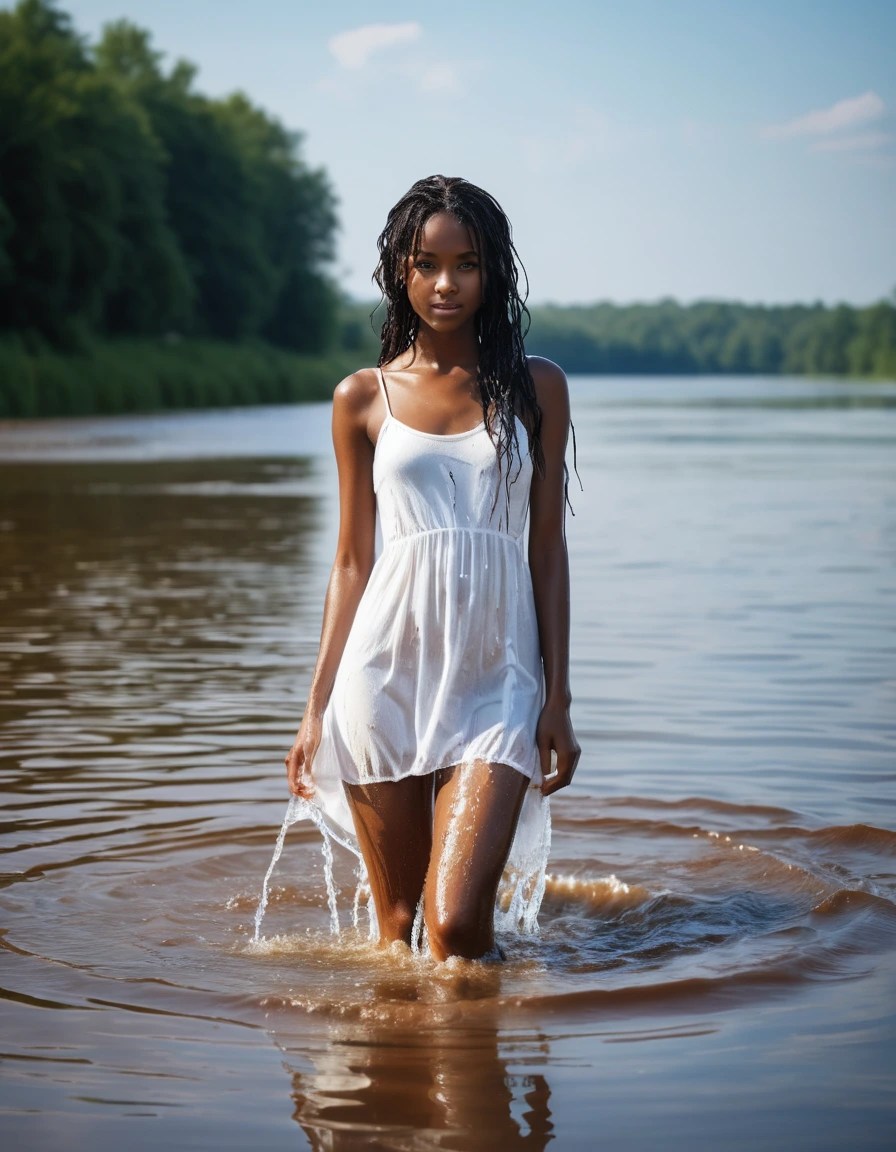 photo of young woman, in soaking wet, drenched clothes,
white wedge sneakers, soaked, soaked white thigh high stockings, glistening wet, dripping with water, soaked very tight-fitting short white summer dress, glistening wet, dripping with water, showing cleavege, showing nipples, clear lake in the sun, 
enjoying, wet clothes stuck to body,
detailed textures of the wet clothes, wet face, wet plastered hair,
wet, drenched, professional, high-quality details, full body view.
sharp focus, ultra-high pixel detail, realistic, high-quality, full colors, incredibly detailed, 4k, 8k, 16k, hyper-realistic, RAW photo, masterpiece, ultra-detailed, professionally color graded, professional photograph, very slim, flat belly, petite ebony teen, skin the color of milk chocolate, very long black hair, sultry black eyes, full figure
