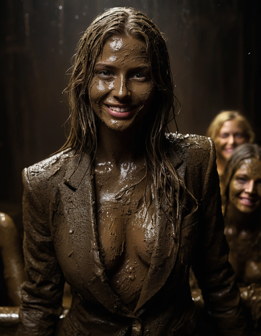 photo of young woman, in soaking wet, drenched clothes,
Muddy high heels, Long very muddy suit pants, Full muddy ruined fully-opened blazer like a fancy uniform over topless with super sexy cleavage and fully exposed small boobs with perky nipples., Dark muddy indoor disco club at night. Mud-filled deep hot tub in the club. Deep mud in the pool, mud splashed walls, dripping mud from above, very dark mood lighting with pink and blue neon lights from above. , 
enjoying, wet clothes stuck to body,
detailed textures of the wet clothes, wet face, wet plastered hair,
wet, drenched, professional, high-quality details, full body view.
sharp focus, ultra-high pixel detail, realistic, high-quality, full colors, incredibly detailed, 4k, 8k, 16k, hyper-realistic, RAW photo, masterpiece, ultra-detailed, professionally color graded, professional photograph, Three very young-looking childish cute innocent blonde 15 years old beautiful gleaming lesbian schoolgirls are laying on their backs and relaxing sexually exhausted in the deep muddy hot tub after muddy orgasm during the crazy muddy indoor party at night on a professional photo. They are proudly wearing their fully and heavily mud-covered unbuttoned and opened suits which fully exposing their small sexy muddy boobs with their muddy nipples. Focus on the large cleavages of the blazers and on the exposed boobs with nipples. Every small details of the clothes are muddy, clean beautiful faces, muddy chests and boobs. Their blazer has the same colour as their muddy pants. The classy elegant disco club is totally destroyed by mud, mud spots everywhere, mud flows down on the walls, mud on the furnitures in the background. Straight very long open wavy hairstyle, muddy hair, smiling and satisfied beautiful clean faces, blue eyes, earrings, lipstick. The girls are enjoying to being total muddy in the muddy pool, being sexy, naughty while they are enjoying the muddy fetish party. Realistic muddy boobs and photorealistic detailed smiling facial expressions. Intimate close-up picture about the girls. Close-up photo from front view, highly realistic representation, ultra sharp focus, highly photorealistic detailed textures, highly photorealistic detailed facial features and expressions, highly photorealistic hands, highly emotional reactions, highly best quality, highly sharp photorealistic image, highly photorealistic details, full UHD resolution, 32 K, very high level of detail and image sharpness, zoomed in