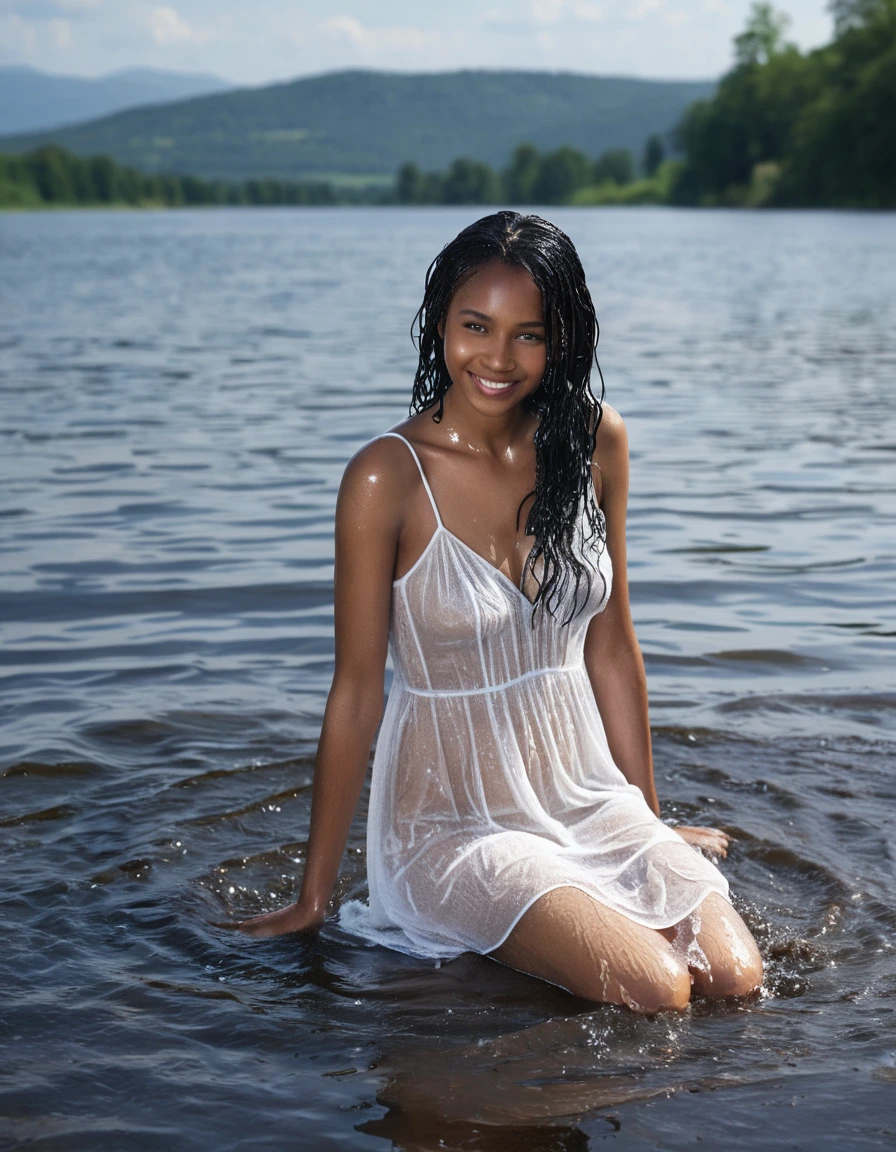 photo of young woman, in soaking wet, drenched clothes,
white strappy high heel wedge sandals, soaked, soaked white stockings, glistening wet, dripping with water, soaked clingy very tight-fitting short transparent white summer dress, glistening wet, dripping with water, showing cleavage, showing nipples, clear lake in the sun, 
enjoying, wet clothes stuck to body,
detailed textures of the wet clothes, wet face, wet plastered hair,
wet, drenched, professional, high-quality details, full body view.
sharp focus, ultra-high pixel detail, realistic, high-quality, full colors, incredibly detailed, 4k, 8k, 16k, hyper-realistic, RAW photo, masterpiece, ultra-detailed, professionally color graded, professional photograph, very slim, flat belly, petite ebony teen, skin the color of milk chocolate, firm a-cup breasts with hard nipples,  very long black hair, sultry black eyes, smiling timidly, sitting on a large granite rock, smoothing the dress