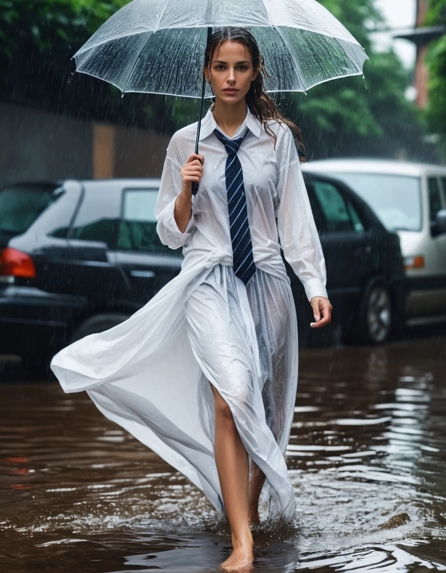 photo of young woman, in soaking wet, drenched clothes,
barefeet, maxi skirt, white long-sleeved oversized shirt, tie, sewer, 
enjoying, wet clothes stuck to body,
detailed textures of the wet clothes, wet face, wet plastered hair,
wet, drenched, professional, high-quality details, full body view.
sharp focus, ultra-high pixel detail, realistic, high-quality, full colors, incredibly detailed, 4k, 8k, 16k, hyper-realistic, RAW photo, masterpiece, ultra-detailed, professionally color graded, professional photograph, heavy rain, umbrella