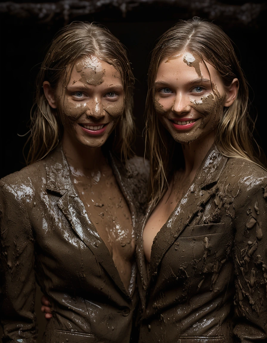 photo of young woman, in soaking wet, drenched clothes,
Muddy high heels, Long very muddy suit pants, Full muddy ruined fully-opened blazer like a fancy uniform over topless with super sexy cleavage and fully exposed small boobs with perky nipples., Dark muddy indoor disco club at night. Deep mud in the pool, mud splashed walls, dripping mud from above, very dark mood lighting with pink and blue neon lights from above. , 
enjoying, wet clothes stuck to body,
detailed textures of the wet clothes, wet face, wet plastered hair,
wet, drenched, professional, high-quality details, full body view.
sharp focus, ultra-high pixel detail, realistic, high-quality, full colors, incredibly detailed, 4k, 8k, 16k, hyper-realistic, RAW photo, masterpiece, ultra-detailed, professionally color graded, professional photograph, Three very young-looking childish cute innocent blonde 13 years old beautiful gleaming lesbian schoolgirls are ruining their clothes and covering themselves with mud deeply submerged in the very deep muddy pool after a full dip in it and holding a glass of champagne in their hands during the crazy muddy indoor disco party at night and posing erotically for a professional photo. They are proudly wearing their fully and heavily mud-covered unbuttoned and opened suits which fully exposing their small sexy muddy boobs with their muddy nipples. Focus on the large cleavages of the blazers and on the exposed boobs with nipples. Every small details of the clothes are muddy, clean beautiful faces, muddy chests and boobs. Their blazer has the same colour as their muddy pants. The classy elegant disco club is totally destroyed by mud, mud spots everywhere, mud flows down on the walls, mud on the furnitures in the background. Straight very long open wavy hairstyle, muddy hair, smiling and satisfied beautiful clean faces, blue eyes, earrings, lipstick. The girls are enjoying to being total muddy in the muddy pool, being sexy, naughty while they are enjoying the muddy fetish party. Realistic muddy boobs and photorealistic detailed smiling facial expressions. Intimate close-up picture about the girls. Close-up photo from front view, highly realistic representation, ultra sharp focus, highly photorealistic detailed textures, highly photorealistic detailed facial features and expressions, highly photorealistic hands, highly emotional reactions, highly best quality, highly sharp photorealistic image, highly photorealistic details, full UHD resolution, 32 K, very high level of detail and image sharpness, zoomed in