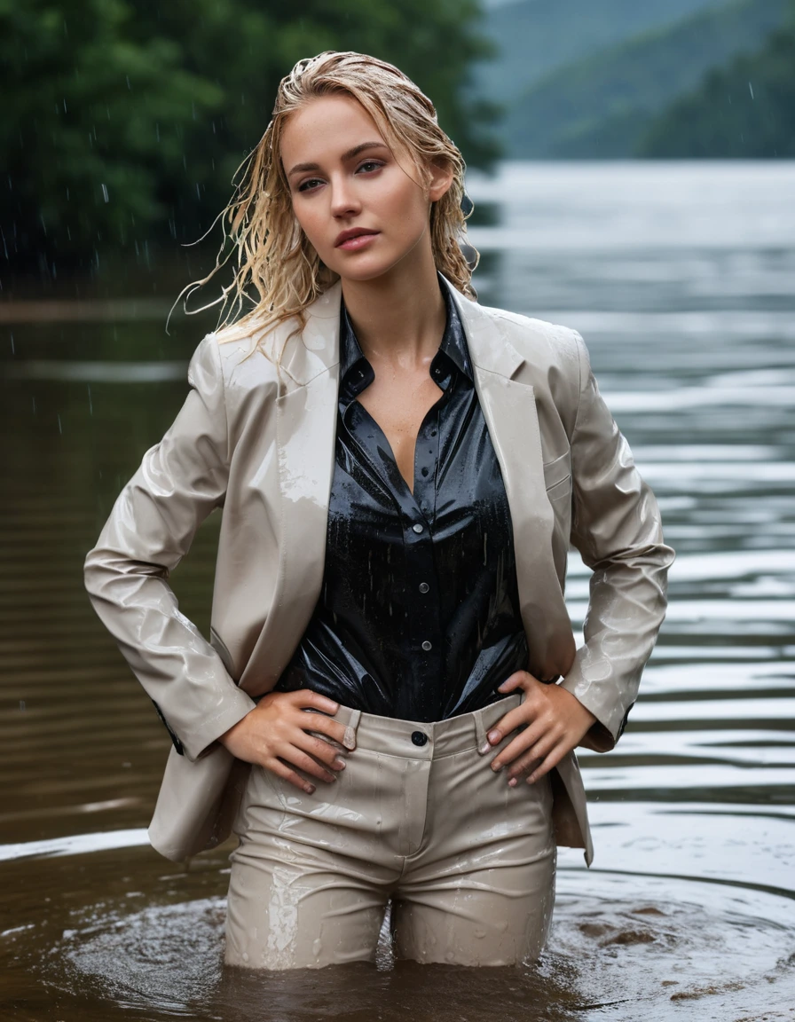 photo of young woman, in soaking wet, drenched clothes,
Beige Business Trouser, Beige Business Suit Jacket with black button down business shirt longsleeve, Clear Mountain lake with heavy rain, 
enjoying, wet clothes stuck to body,
detailed textures of the wet clothes, wet face, wet plastered hair,
wet, drenched, professional, high-quality details, full body view.
sharp focus, ultra-high pixel detail, realistic, high-quality, full colors, incredibly detailed, 4k, 8k, 16k, hyper-realistic, RAW photo, masterpiece, ultra-detailed, professionally color graded, professional photograph, young elegant beautiful white Blonde women, breast deep submerged, under a big rainshower, fully clothed, completely soaked, fully drenched, completely wet, wetlook, heavy rain, side parting, open hair, long hair, rain storm, looks confidently into camera