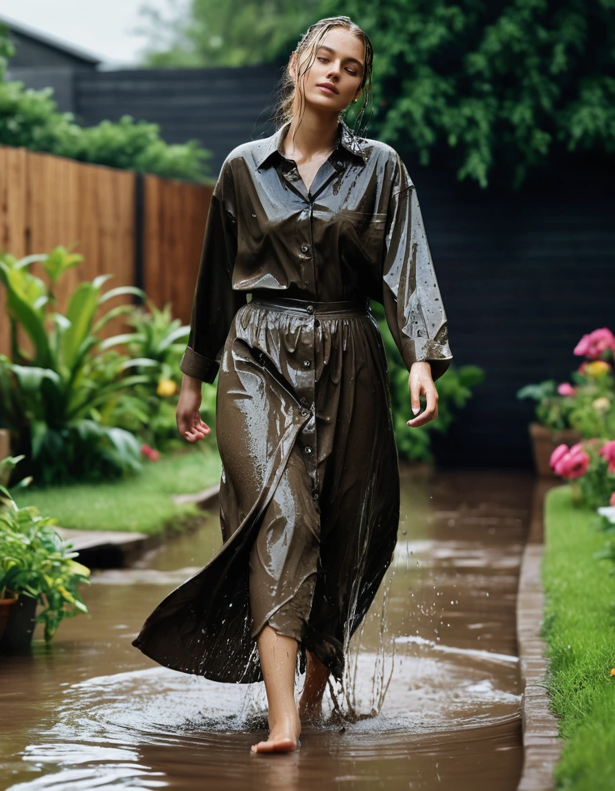 photo of young woman, in soaking wet, drenched clothes,
long skirt, oversized shirt buttoned up, garden, 
enjoying, wet clothes stuck to body,
detailed textures of the wet clothes, wet face, wet plastered hair,
wet, drenched, professional, high-quality details, full body view.
sharp focus, ultra-high pixel detail, realistic, high-quality, full colors, incredibly detailed, 4k, 8k, 16k, hyper-realistic, RAW photo, masterpiece, ultra-detailed, professionally color graded, professional photograph, mud from head to toe