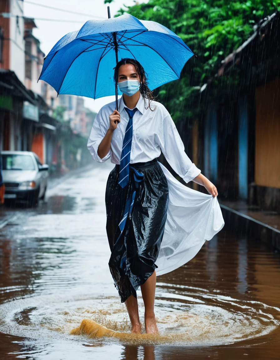 photo of young woman, in soaking wet, drenched clothes,
barefeet, maxi skirt, white long-sleeved oversized shirt, tie, sewer, 
enjoying, wet clothes stuck to body,
detailed textures of the wet clothes, wet face, wet plastered hair,
wet, drenched, professional, high-quality details, full body view.
sharp focus, ultra-high pixel detail, realistic, high-quality, full colors, incredibly detailed, 4k, 8k, 16k, hyper-realistic, RAW photo, masterpiece, ultra-detailed, professionally color graded, professional photograph, heavy rain, umbrella, flood