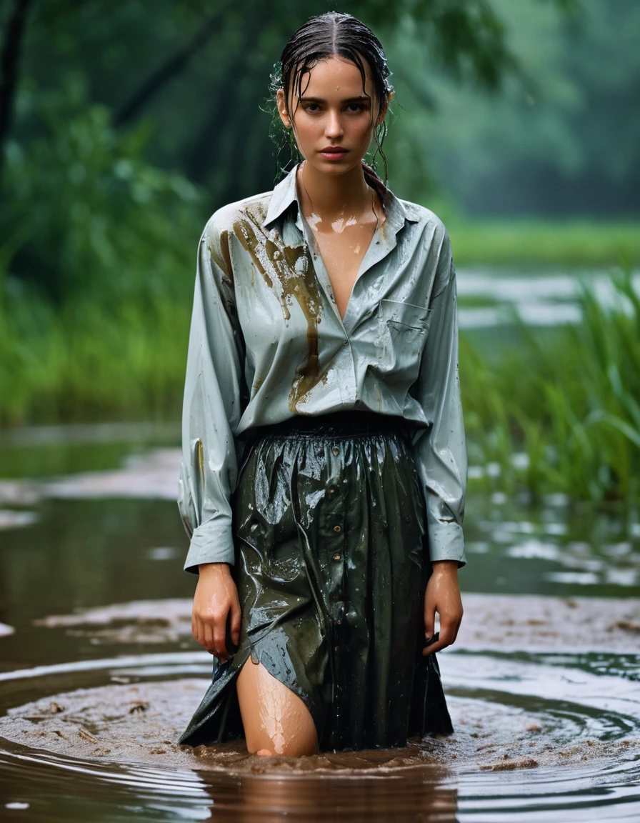 photo of young woman, in soaking wet, drenched clothes,
long skirt, oversized shirt buttoned up, swamp, 
enjoying, wet clothes stuck to body,
detailed textures of the wet clothes, wet face, wet plastered hair,
wet, drenched, professional, high-quality details, full body view.
sharp focus, ultra-high pixel detail, realistic, high-quality, full colors, incredibly detailed, 4k, 8k, 16k, hyper-realistic, RAW photo, masterpiece, ultra-detailed, professionally color graded, professional photograph, clothes are torn, ripped, ruined
