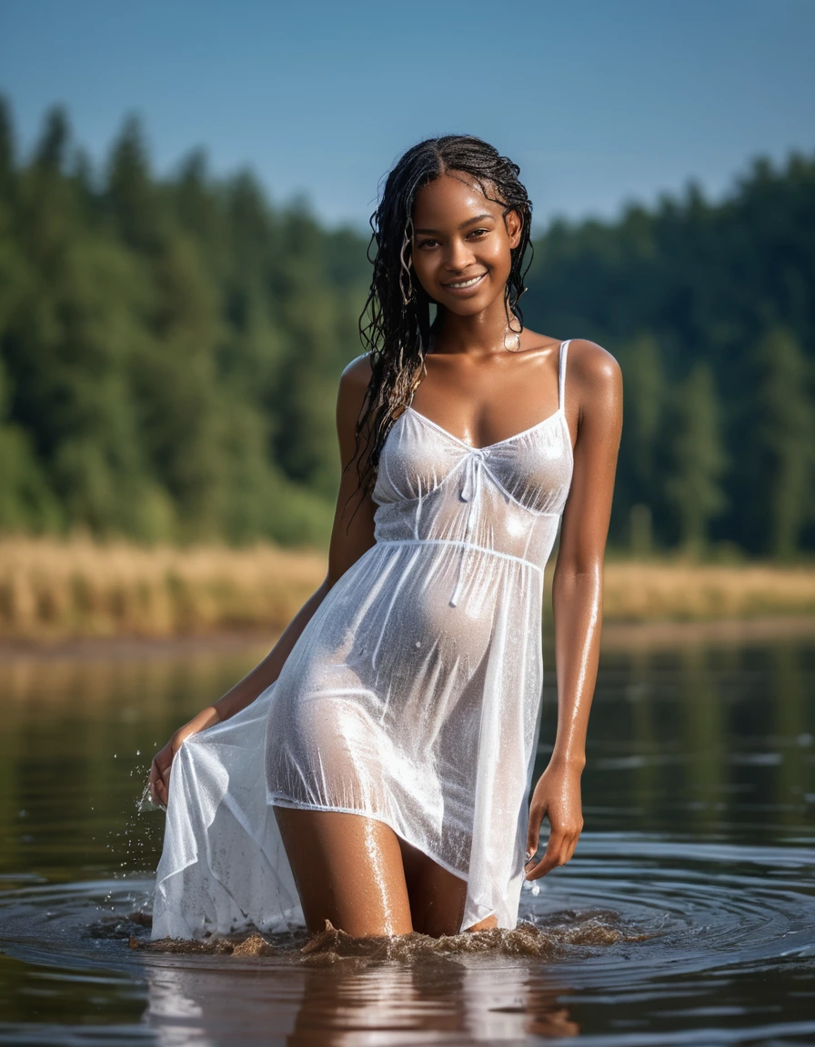 photo of young woman, in soaking wet, drenched clothes,
white wedge sneakers, soaked, soaked white thigh high stockings, glistening wet, dripping with water, soaked clingy very tight-fitting short transparent white summer dress, glistening wet, dripping with water, showing cleavage, showing nipples, clear lake in the sun, 
enjoying, wet clothes stuck to body,
detailed textures of the wet clothes, wet face, wet plastered hair,
wet, drenched, professional, high-quality details, full body view.
sharp focus, ultra-high pixel detail, realistic, high-quality, full colors, incredibly detailed, 4k, 8k, 16k, hyper-realistic, RAW photo, masterpiece, ultra-detailed, professionally color graded, professional photograph, very slim, flat belly, petite ebony teen, skin the color of milk chocolate, very long black hair, sultry black eyes, smiling timidly, full figure