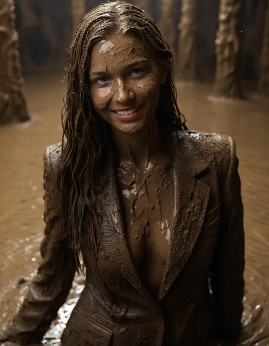 photo of young woman, in soaking wet, drenched clothes,
, Long very muddy suit pants, Full muddy ruined fully-opened blazer like a fancy uniform over topless with super sexy large cleavage and fully exposed small boobs with perky nipples., Dark muddy indoor disco club at night. Deep mud in the pool, mud splashed walls, dripping mud from above, very dark mood lighting with pink and blue neon lights from above. , 
enjoying, wet clothes stuck to body,
detailed textures of the wet clothes, wet face, wet plastered hair,
wet, drenched, professional, high-quality details, full body view.
sharp focus, ultra-high pixel detail, realistic, high-quality, full colors, incredibly detailed, 4k, 8k, 16k, hyper-realistic, RAW photo, masterpiece, ultra-detailed, professionally color graded, professional photograph, Three very young-looking childish cute innocent blonde 13 years old beautiful gleaming lesbian schoolgirls are submerging in the very deep muddy pool during the crazy muddy indoor disco party at night and posing erotically for a professional photo. They are proudly wearing their fully and heavily mud-covered unbuttoned and opened suits which fully exposing their small sexy muddy boobs with their muddy nipples. Focus on the large cleavages of the blazers and on the exposed boobs with nipples. Every small details of the clothes are muddy, clean beautiful faces, muddy chests and boobs. Their blazer has the same colour as their muddy pants. The classy elegant disco club is totally destroyed by mud, mud spots everywhere, mud flows down on the walls, mud on the furnitures in the background. Straight very long open wavy hairstyle, muddy hair, smiling and satisfied beautiful clean faces, blue eyes, earrings, lipstick. The girls are enjoying to being total muddy in the muddy pool, being sexy, naughty while they are enjoying the muddy fetish party. Realistic muddy boobs and photorealistic detailed smiling facial expressions. Intimate close-up picture about the girls. Close-up photo from front view, highly realistic representation, ultra sharp focus, highly photorealistic detailed textures, highly photorealistic detailed facial features and expressions, highly photorealistic hands, highly emotional reactions, highly best quality, highly sharp photorealistic image, highly photorealistic details, full UHD resolution, 32 K, very high level of detail and image sharpness, zoomed in