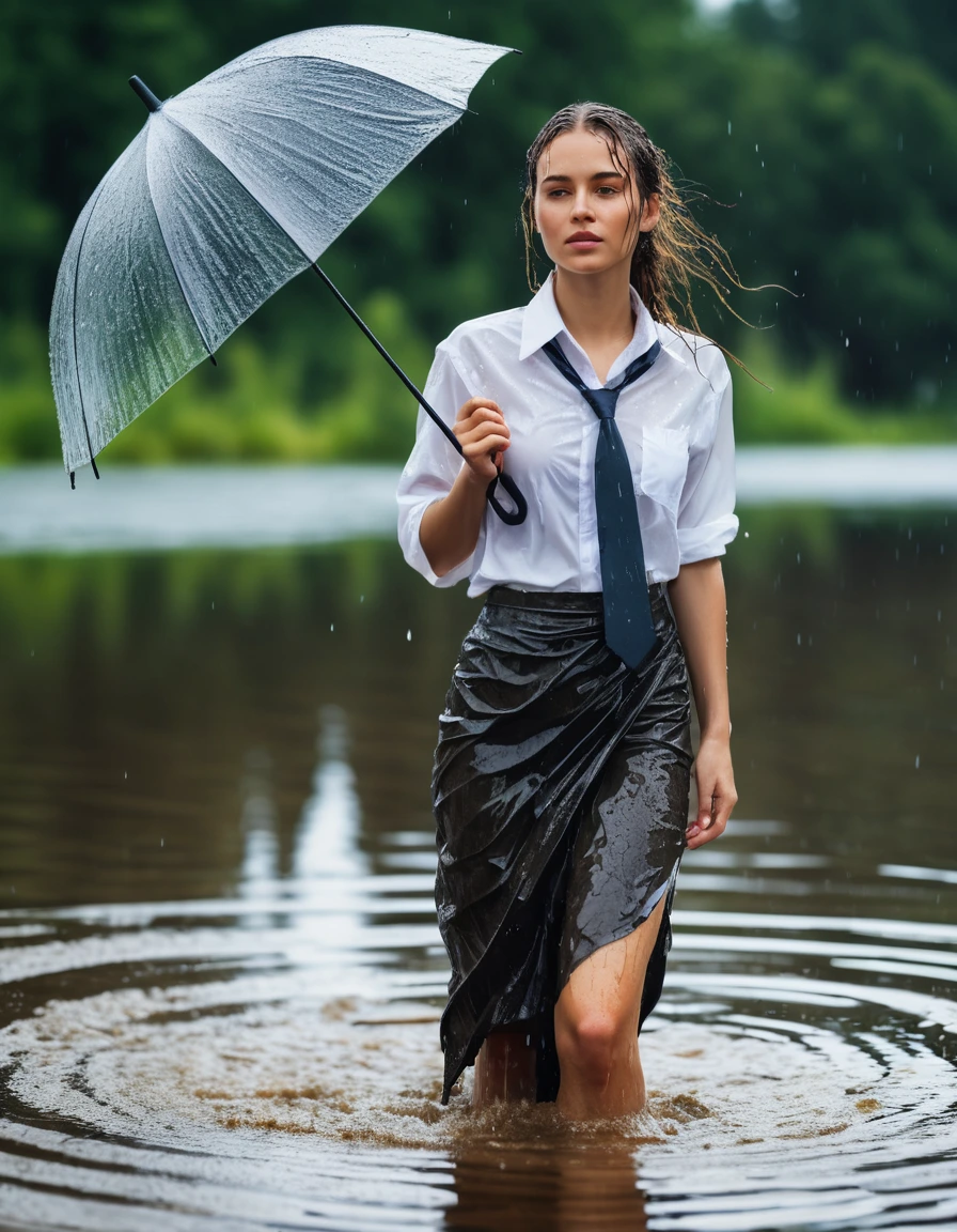 photo of young woman, in soaking wet, drenched clothes,
maxi skirt, white oversized shirt, tie, lake, 
enjoying, wet clothes stuck to body,
detailed textures of the wet clothes, wet face, wet plastered hair,
wet, drenched, professional, high-quality details, full body view.
sharp focus, ultra-high pixel detail, realistic, high-quality, full colors, incredibly detailed, 4k, 8k, 16k, hyper-realistic, RAW photo, masterpiece, ultra-detailed, professionally color graded, professional photograph, heavy rain, umbrella lost