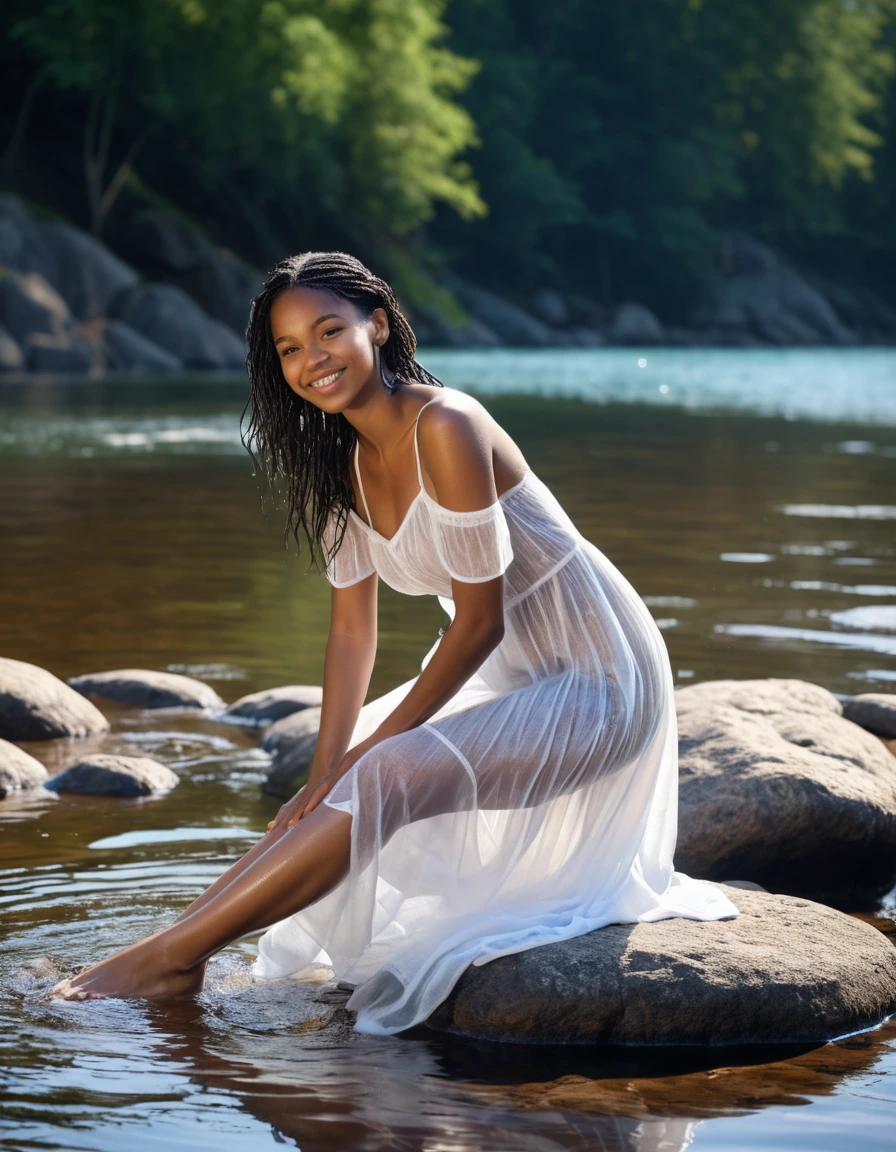 photo of young woman, in soaking wet, drenched clothes,
white strappy high heel wedge sandals, soaked, soaked white stockings, glistening wet, dripping with water, soaked clingy very tight-fitting short transparent white summer dress, glistening wet, dripping with water, showing cleavage, showing nipples, clear lake in the sun, 
enjoying, wet clothes stuck to body,
detailed textures of the wet clothes, wet face, wet plastered hair,
wet, drenched, professional, high-quality details, full body view.
sharp focus, ultra-high pixel detail, realistic, high-quality, full colors, incredibly detailed, 4k, 8k, 16k, hyper-realistic, RAW photo, masterpiece, ultra-detailed, professionally color graded, professional photograph, very slim, flat belly, petite ebony teen, skin the color of milk chocolate, firm a-cup breasts with hard nipples,  very long black hair, sultry black eyes, smiling timidly, sitting on a large granite rock, smoothing the dress