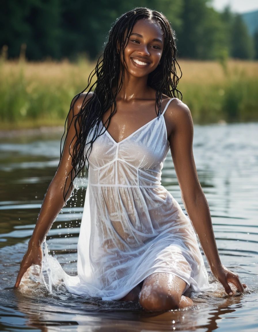 photo of young woman, in soaking wet, drenched clothes,
white wedge sandals, soaked, soaked white stockings, glistening wet, dripping with water, soaked clingy very tight-fitting short transparent white summer dress, glistening wet, dripping with water, showing cleavage, showing nipples, clear lake in the sun, 
enjoying, wet clothes stuck to body,
detailed textures of the wet clothes, wet face, wet plastered hair,
wet, drenched, professional, high-quality details, full body view.
sharp focus, ultra-high pixel detail, realistic, high-quality, full colors, incredibly detailed, 4k, 8k, 16k, hyper-realistic, RAW photo, masterpiece, ultra-detailed, professionally color graded, professional photograph, very slim, flat belly, petite ebony teen, skin the color of milk chocolate, very long black hair, sultry black eyes, smiling timidly, full figure