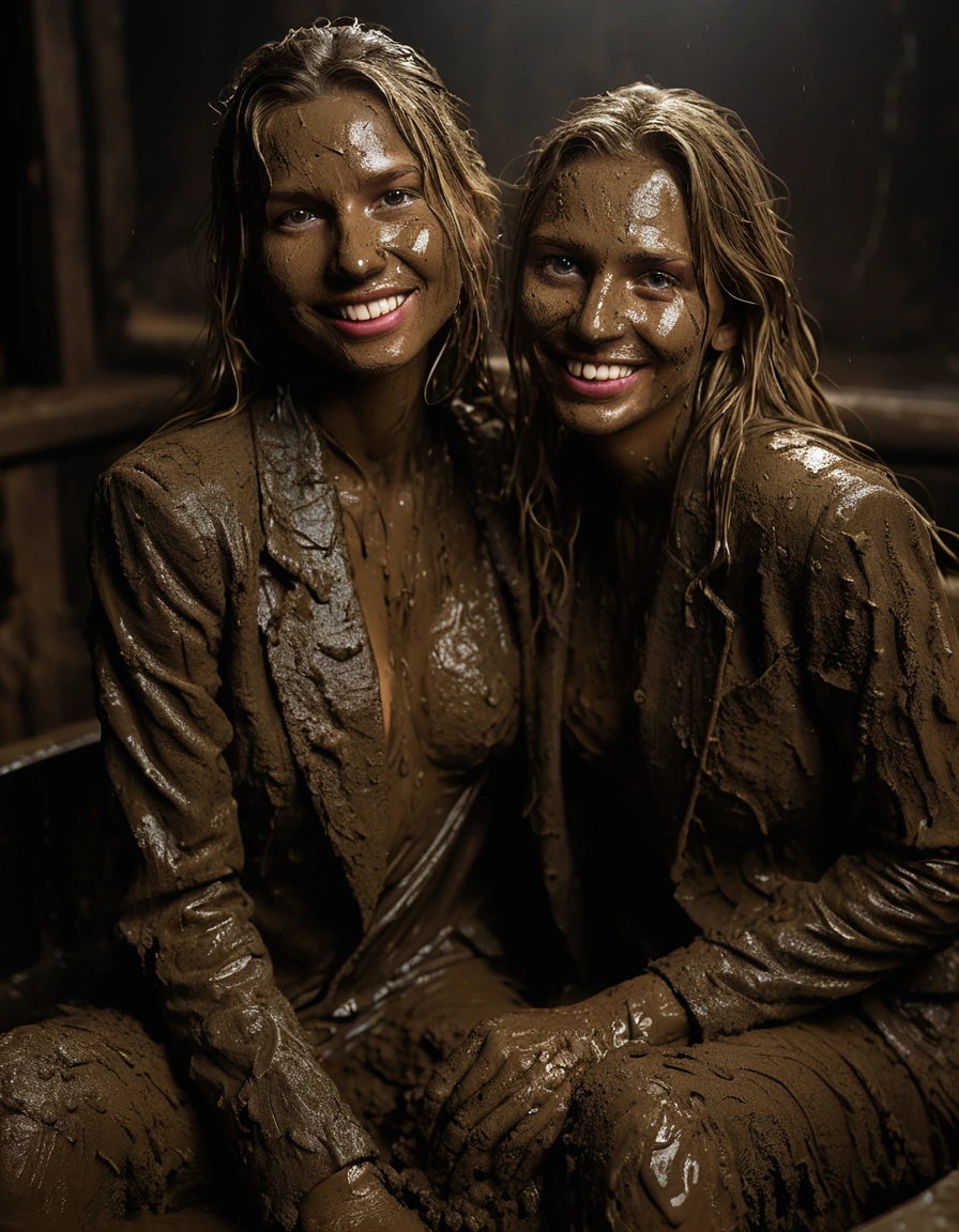 photo of young woman, in soaking wet, drenched clothes,
Muddy high heels, Long very muddy suit pants, Full muddy ruined fully-opened blazer like a fancy uniform over topless with super sexy cleavage and fully exposed small boobs with perky nipples., Dark muddy indoor disco club at night. Mud-filled deep hot tub in the club. Deep mud in the pool, mud splashed walls, dripping mud from above, very dark mood lighting with pink and blue neon lights from above. , 
enjoying, wet clothes stuck to body,
detailed textures of the wet clothes, wet face, wet plastered hair,
wet, drenched, professional, high-quality details, full body view.
sharp focus, ultra-high pixel detail, realistic, high-quality, full colors, incredibly detailed, 4k, 8k, 16k, hyper-realistic, RAW photo, masterpiece, ultra-detailed, professionally color graded, professional photograph, Three very young-looking childish cute innocent blonde 15 years old beautiful gleaming lesbian schoolgirls are laying on their backs and relaxing sexually exhausted in the deep muddy hot tub after muddy orgasm during the crazy muddy indoor party at night on a professional photo. They are proudly wearing their fully and heavily mud-covered unbuttoned and opened suits which fully exposing their small sexy muddy boobs with their muddy nipples. Focus on the large cleavages of the blazers and on the exposed boobs with nipples. Every small details of the clothes are muddy, clean beautiful faces, muddy chests and boobs. Their blazer has the same colour as their muddy pants. The classy elegant disco club is totally destroyed by mud, mud spots everywhere, mud flows down on the walls, mud on the furnitures in the background. Straight very long open wavy hairstyle, muddy hair, smiling and satisfied beautiful clean faces, blue eyes, earrings, lipstick. The girls are enjoying to being total muddy in the muddy pool, being sexy, naughty while they are enjoying the muddy fetish party. Realistic muddy boobs and photorealistic detailed smiling facial expressions. Intimate close-up picture about the girls. Close-up photo from front view, highly realistic representation, ultra sharp focus, highly photorealistic detailed textures, highly photorealistic detailed facial features and expressions, highly photorealistic hands, highly emotional reactions, highly best quality, highly sharp photorealistic image, highly photorealistic details, full UHD resolution, 32 K, very high level of detail and image sharpness, zoomed in