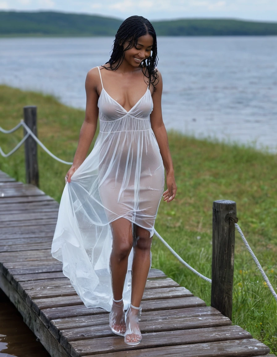 photo of young woman, in soaking wet, drenched clothes,
white strappy high heel wedge sandals, soaked, soaked white stockings, glistening wet, dripping with water, soaked clingy very tight-fitting short transparent white summer dress, glistening wet, dripping with water, showing cleavage, showing nipples, clear lake in the sun, 
enjoying, wet clothes stuck to body,
detailed textures of the wet clothes, wet face, wet plastered hair,
wet, drenched, professional, high-quality details, full body view.
sharp focus, ultra-high pixel detail, realistic, high-quality, full colors, incredibly detailed, 4k, 8k, 16k, hyper-realistic, RAW photo, masterpiece, ultra-detailed, professionally color graded, professional photograph, very slim, flat belly, petite ebony teen, skin the color of milk chocolate, firm a-cup breasts,  very long black hair, sultry black eyes, smiling timidly, standing on a small wooden pier, smoothing the dress