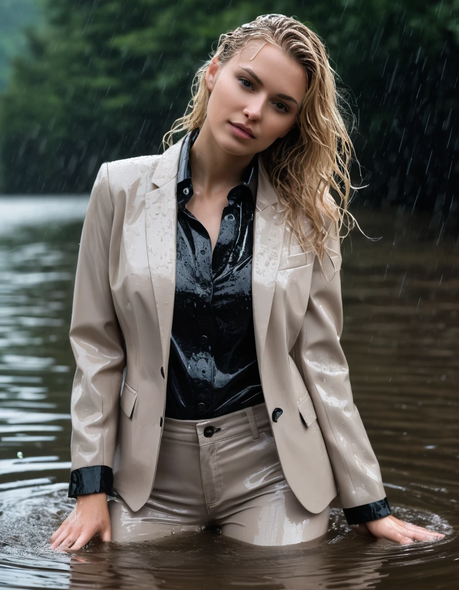 photo of young woman, in soaking wet, drenched clothes,
Beige Business Trouser, Beige Business Suit Jacket with black button down business shirt longsleeve, Clear Mountain lake with heavy rain, 
enjoying, wet clothes stuck to body,
detailed textures of the wet clothes, wet face, wet plastered hair,
wet, drenched, professional, high-quality details, full body view.
sharp focus, ultra-high pixel detail, realistic, high-quality, full colors, incredibly detailed, 4k, 8k, 16k, hyper-realistic, RAW photo, masterpiece, ultra-detailed, professionally color graded, professional photograph, young elegant beautiful white Blonde women, breast deep submerged, under a big rainshower, fully clothed, completely soaked, fully drenched, completely wet, wetlook, heavy rain, side parting, open hair, long hair, rain storm, looks confidently into camera