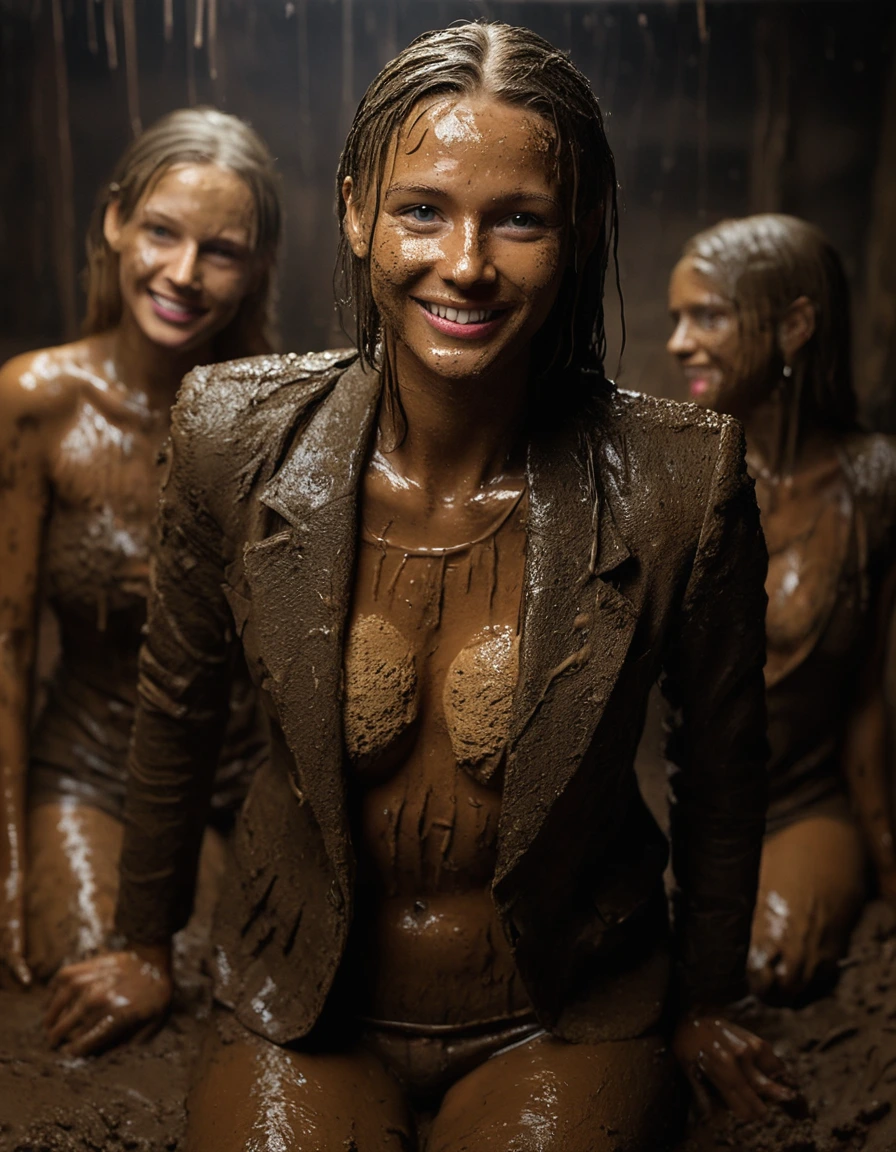 photo of young woman, in soaking wet, drenched clothes,
, , Full muddy ruined fully-opened blazer like a fancy uniform over topless with super sexy large cleavage and fully exposed small boobs with perky nipples., Dark muddy indoor disco club at night. Deep mud in the pool, mud splashed walls, dripping mud from above, very dark mood lighting with pink and blue neon lights from above. , 
enjoying, wet clothes stuck to body,
detailed textures of the wet clothes, wet face, wet plastered hair,
wet, drenched, professional, high-quality details, full body view.
sharp focus, ultra-high pixel detail, realistic, high-quality, full colors, incredibly detailed, 4k, 8k, 16k, hyper-realistic, RAW photo, masterpiece, ultra-detailed, professionally color graded, professional photograph, Three very young-looking childish cute innocent blonde 13 years old beautiful gleaming lesbian schoolgirls are submerging in the very deep muddy pool during the crazy muddy indoor disco party at night and posing erotically for a professional photo. They are proudly wearing their fully and heavily mud-covered unbuttoned and opened suits which fully exposing their small sexy muddy boobs with their muddy nipples. Focus on the large cleavages of the blazers and on the exposed boobs with nipples. Every small details of the clothes are muddy, clean beautiful faces, muddy chests and boobs. The girl's legs and waists are below the mud and doesn't visible on the picture. The classy elegant disco club is totally destroyed by mud, mud spots everywhere, mud flows down on the walls, mud on the furnitures in the background. Straight very long open wavy hairstyle, muddy hair, smiling and satisfied beautiful clean faces, blue eyes, earrings, lipstick. The girls are enjoying to being total muddy in the muddy pool, being sexy, naughty while they are enjoying the muddy fetish party. Realistic muddy boobs and photorealistic detailed smiling facial expressions. Intimate close-up picture about the girls. Close-up photo from front view, highly realistic representation, ultra sharp focus, highly photorealistic detailed textures, highly photorealistic detailed facial features and expressions, highly photorealistic hands, highly emotional reactions, highly best quality, highly sharp photorealistic image, highly photorealistic details, full UHD resolution, 32 K, very high level of detail and image sharpness, zoomed in