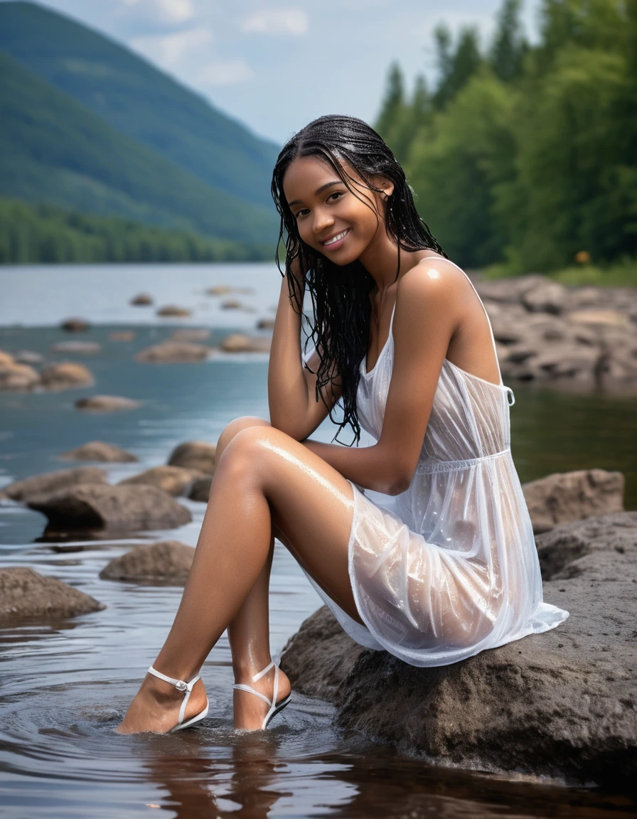 photo of young woman, in soaking wet, drenched clothes,
white strappy high heel wedge sandals, soaked, soaked white stockings, glistening wet, dripping with water, soaked clingy very tight-fitting short transparent white summer dress, glistening wet, dripping with water, showing cleavage, showing nipples, clear lake in the sun, 
enjoying, wet clothes stuck to body,
detailed textures of the wet clothes, wet face, wet plastered hair,
wet, drenched, professional, high-quality details, full body view.
sharp focus, ultra-high pixel detail, realistic, high-quality, full colors, incredibly detailed, 4k, 8k, 16k, hyper-realistic, RAW photo, masterpiece, ultra-detailed, professionally color graded, professional photograph, very slim, flat belly, petite ebony teen, skin the color of milk chocolate, firm a-cup breasts with hard nipples,  very long black hair, sultry black eyes, smiling timidly, sitting on a large granite rock, smoothing the dress